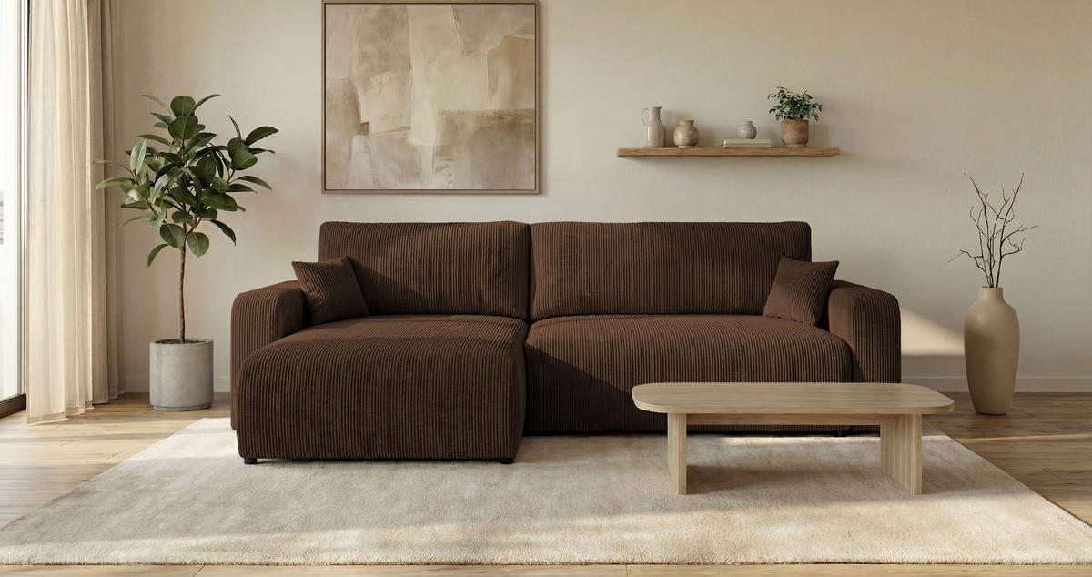 ROHOVÁ pohovka BERLIN levá hnědá manšestr Poso 6 - funkce spaní, úložný prostor - hnědá, textil (285/185cm) - Cornero