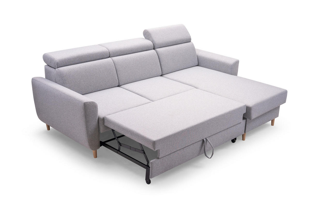 ECKSOFA SAPORE Grau Geflochtener Stoff mit Schlaffunktion - Grau, Holz (235/170cm) - MASSENO