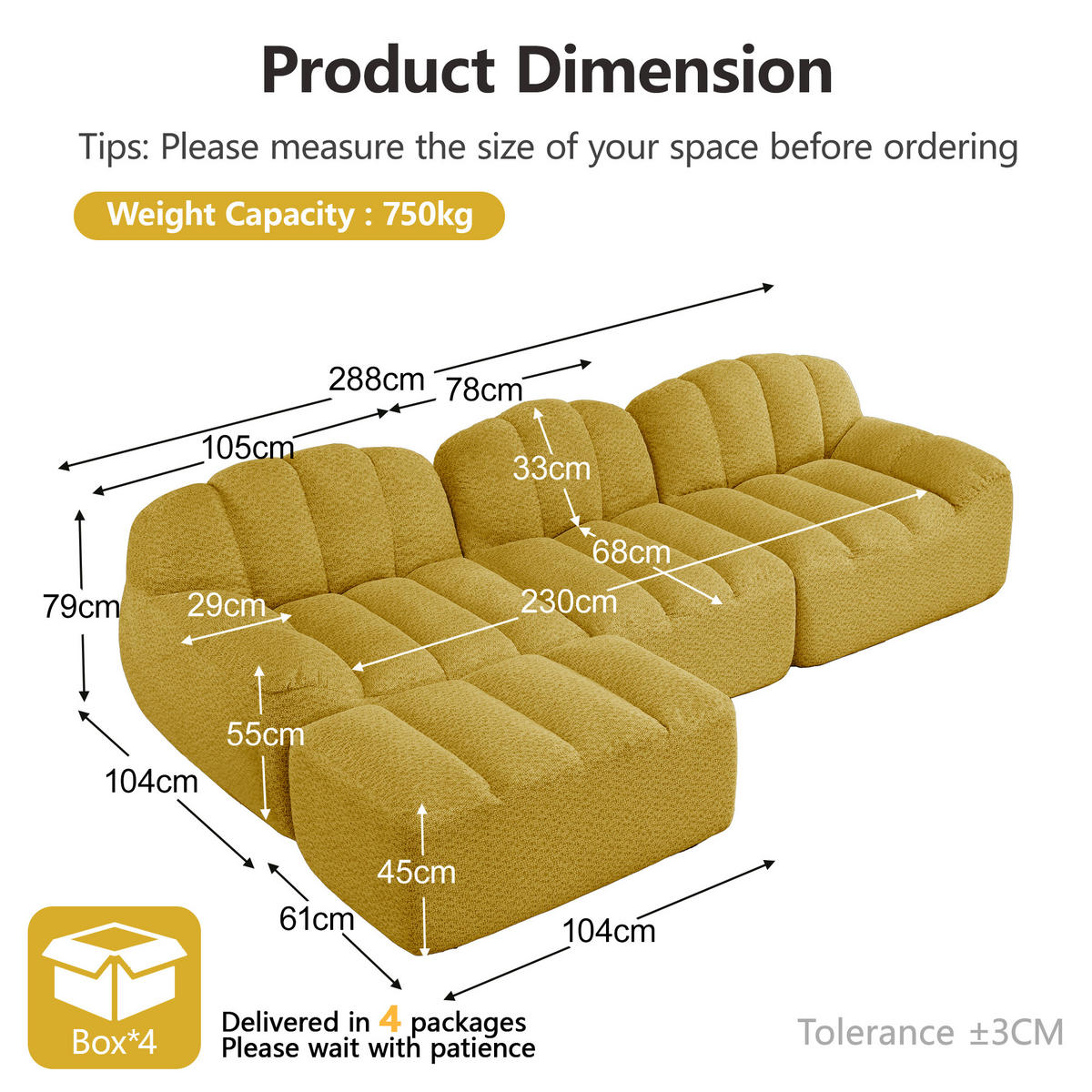 ECKSOFA Granulierter Fleece Gelb mit Ottomane - Gelb, Textil (288/165cm) - WISHDOR