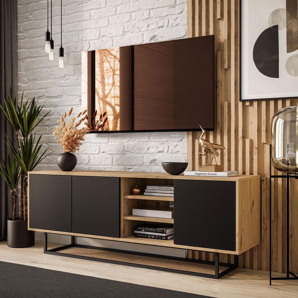 TV-ELEMENT SANAYI II mit Regalen Eiche Artisan/Schwarz - Schwarz, Holzwerkstoff (156/56/38cm) - Lookway