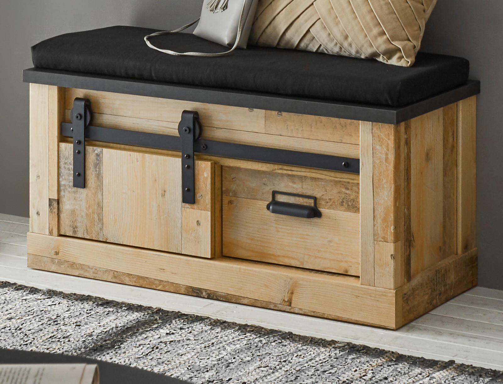 GARDEROBENBANK Used Wood Vintage 93 x 46 cm, Schiebetür und Soft-Close - Anthrazit/Schwarz, Holzwerkstoff/Metall (93/46/43cm) - Furn.Design