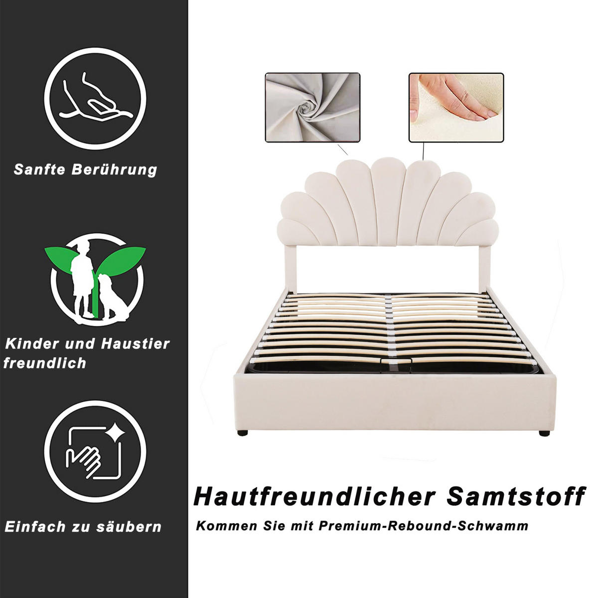 POLSTERBETT 140x200 cm mit Blumen-Kopfteil, Lattenrost, Samt, Beige - Beige, Holz (140/200cm)