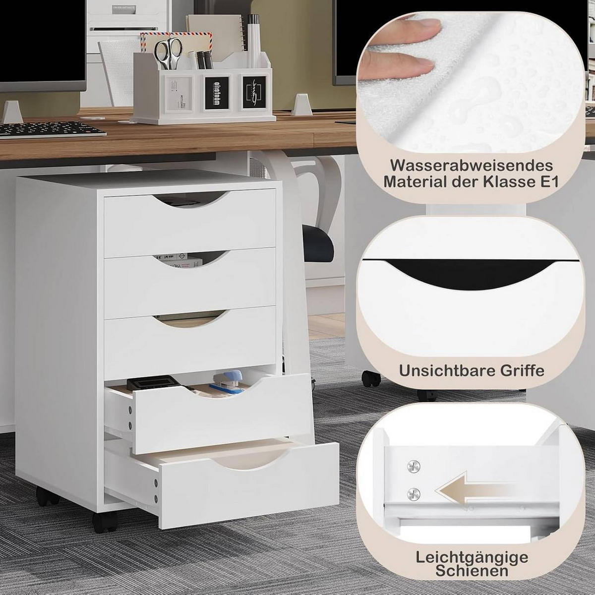 ROLLCONTAINER mit 5 Schubladen, Weiß - Schwarz/Weiß, Holzwerkstoff (40/66.5/40cm) - Woltu