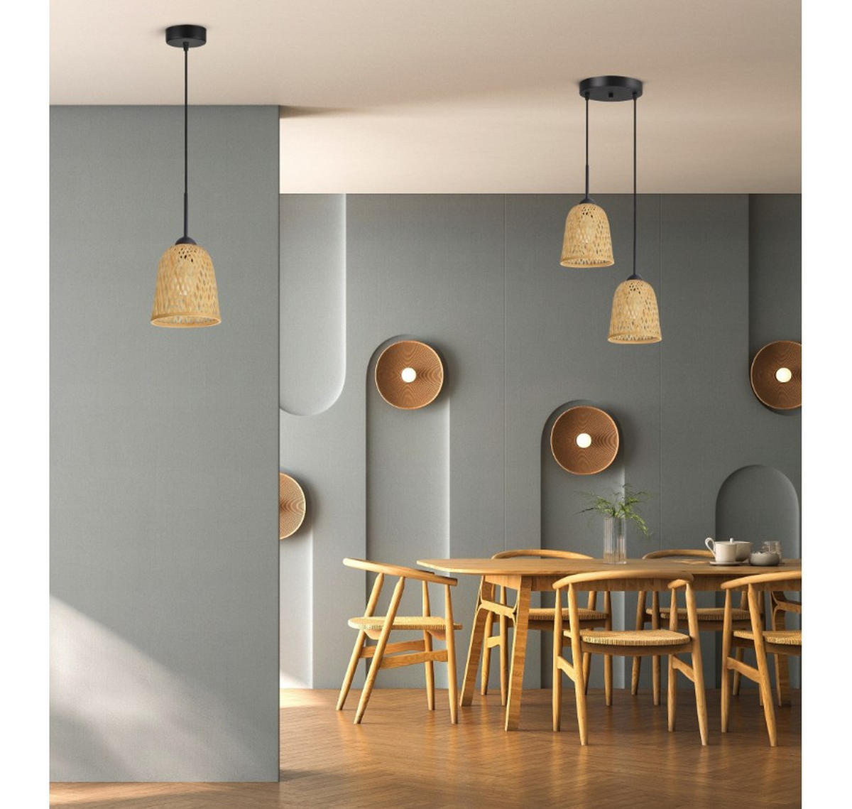 PENDELLEUCHTE BOHO - Schwarz/Weiß, Holz/Metall (30/30/100cm) - kiki design
