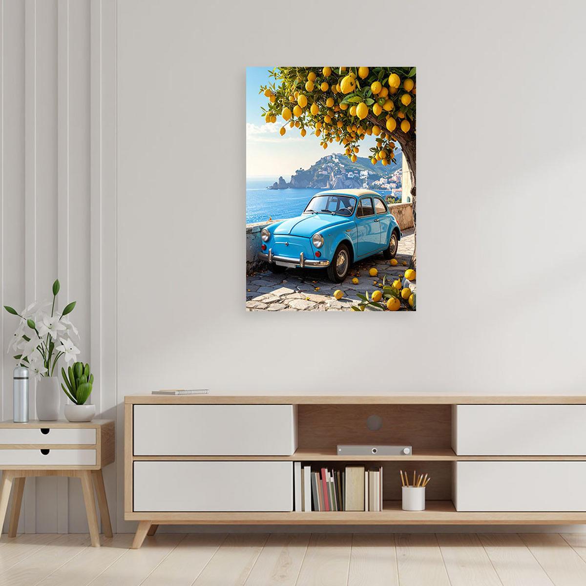 LEINWANDBILDER, Oldtimer an der Mittelmeerküste - Blau, Textil (80/120cm) - Feeby
