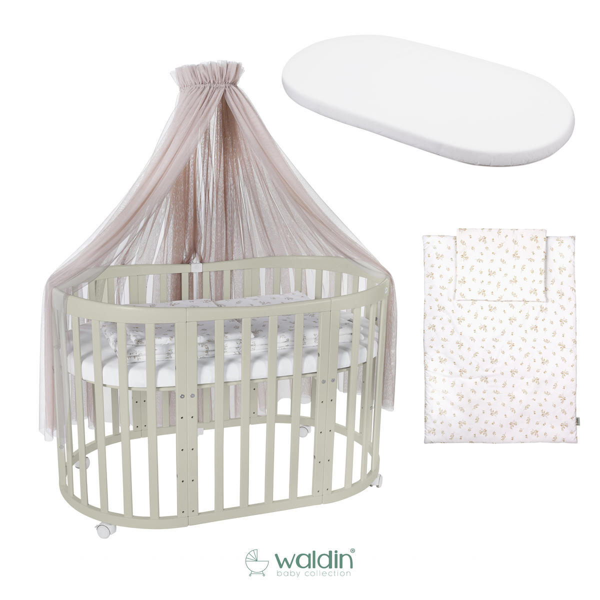 BABYBETT OLIVE OVAL 7in1 mit Matratze und Himmelset - Taupe/Olivgrün, Holz/Textil