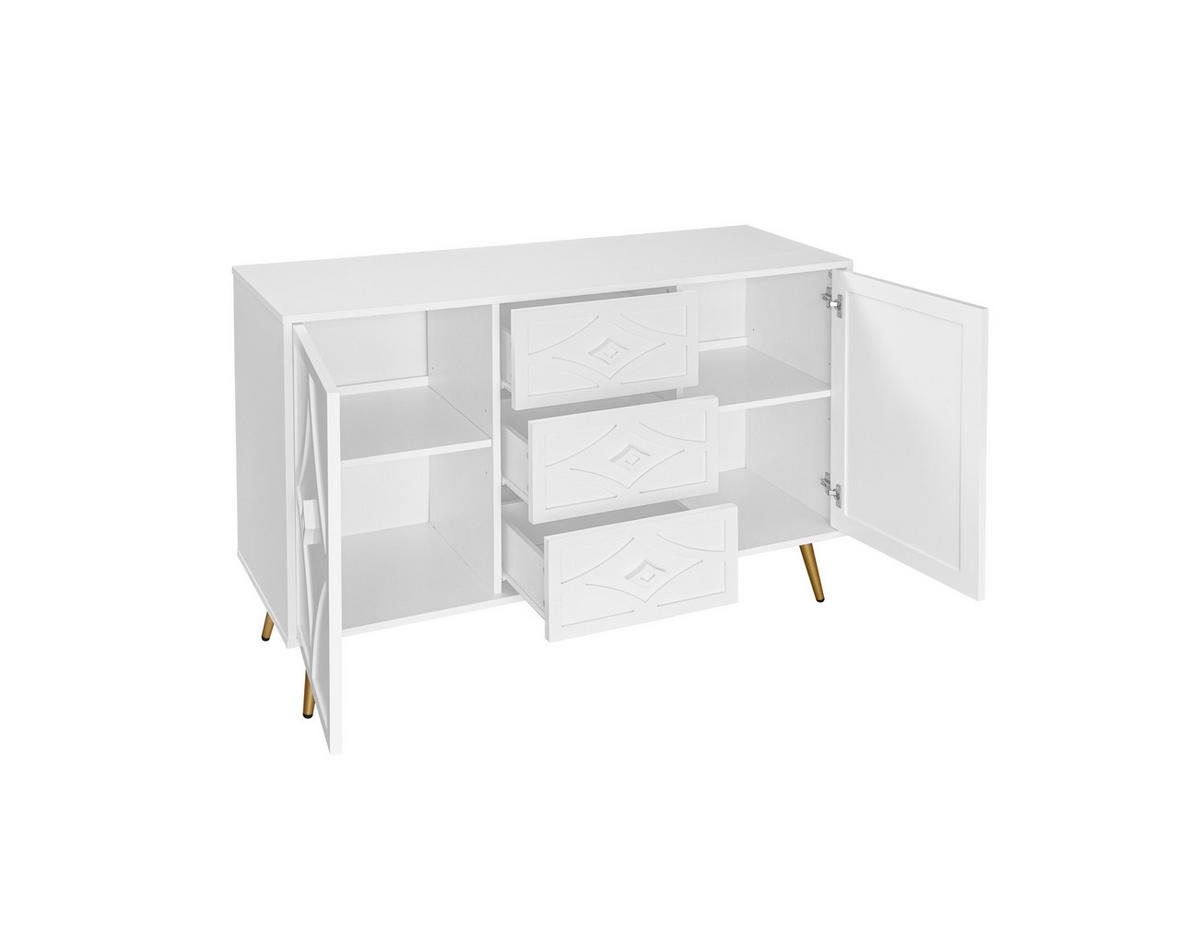 SIDEBOARD in Weiß Kommode mit Rautenmuster, 3 Schubladen und 2 Türen für Wohnzimmer und Schlafzimmer, B120/T40/H80cm - Goldfarben/Weiß, Holzwerkstoff/Metall (120/80/40cm) - STILVORA