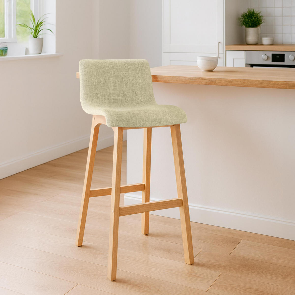 BARHOCKER 2er Set Stoff Creme - Eukalyptusholzfarben/Creme, Holz/Textil (41/102/46cm) - CLP