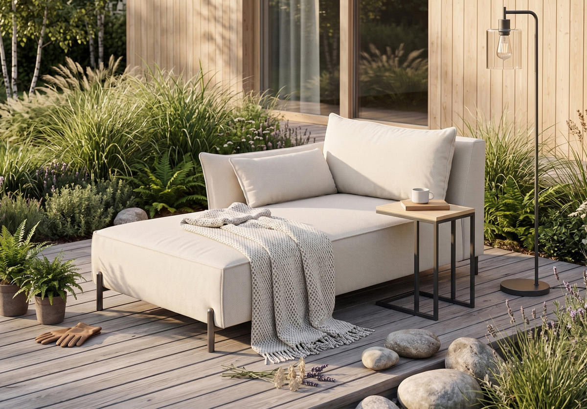 CHAISELONGUE für Terrasse und Garten, Stoff Sunlight, Ecru, Links, SUNMEE - Ecru, Holz (80/90/165cm) - Kaiser Möbel
