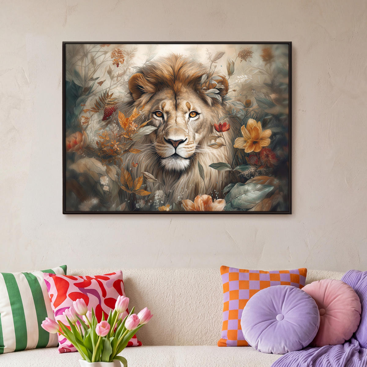 LEINWAND Bilder mit Rahmen - Löwe - Wildtiere - Pflanzen - Natur - Blumen - 100x70 - Beige, Textil (100/70cm) - MuchoWow