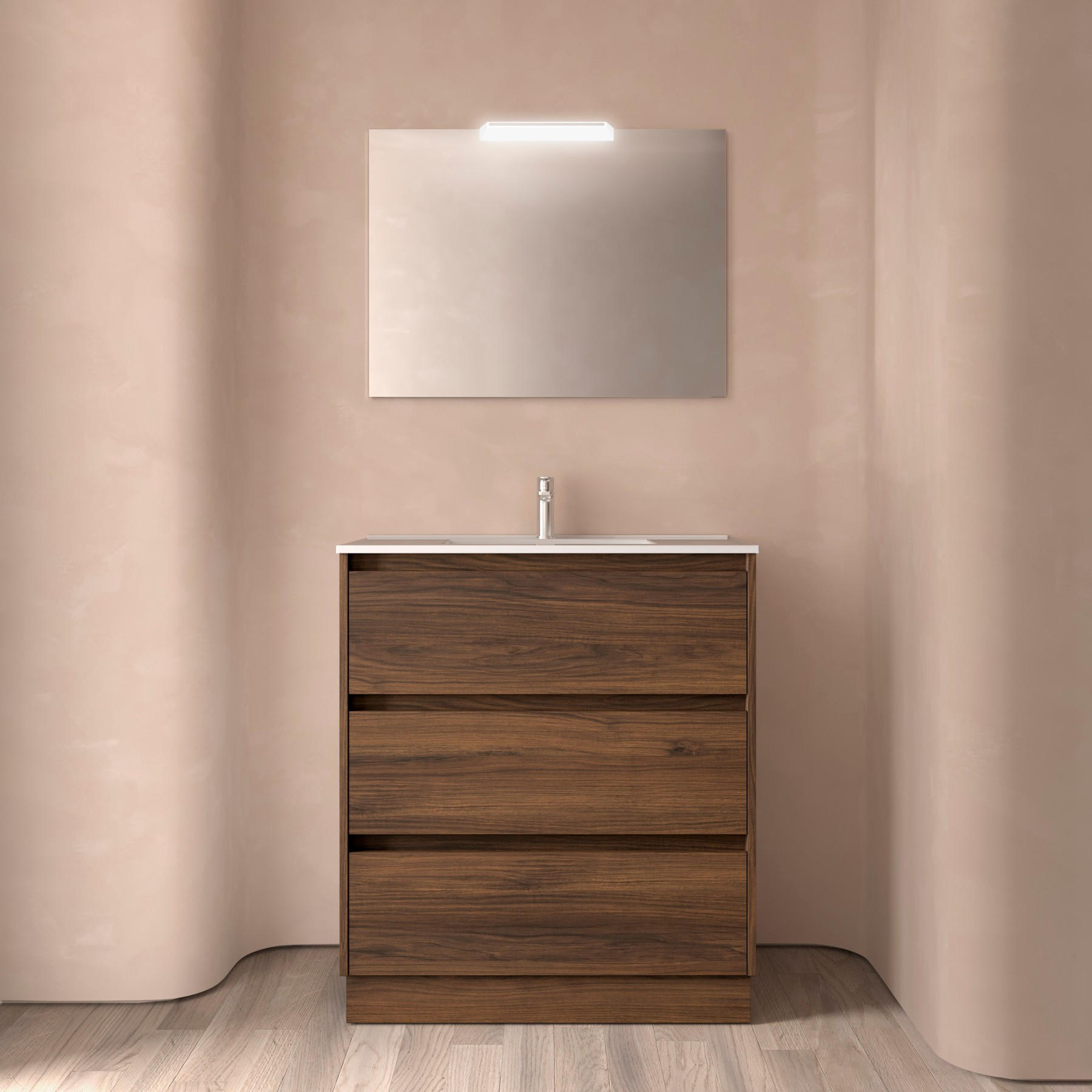 BADEZIMMERMÖBEL NOJA 800 3 Schubladen NUSSBAUM MAYA + Waschtisch + Spiegel - Schwarz, Metall (45/81/80cm) - Salgar