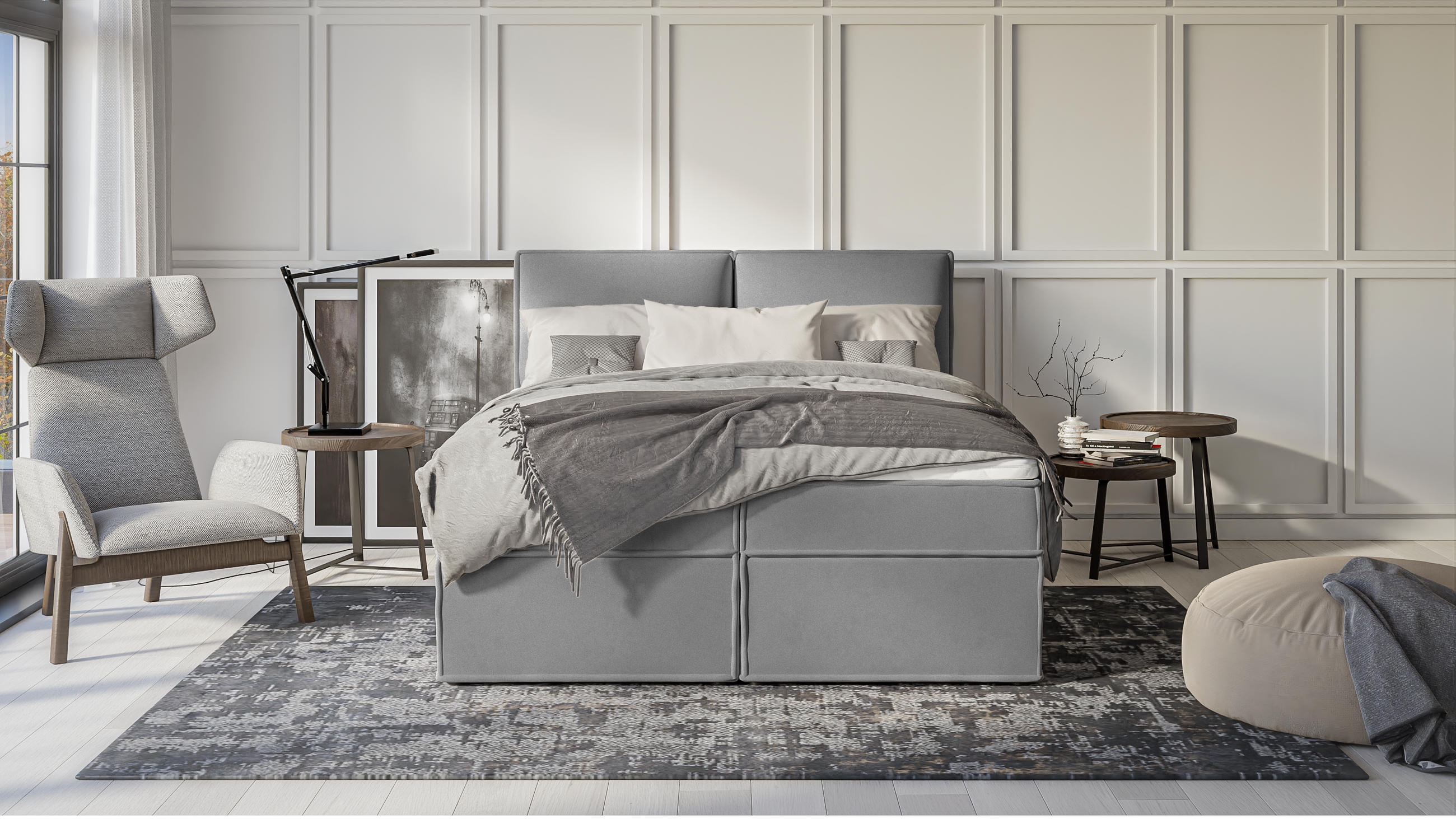 Thumbnail - S-Style Möbel Boxbett, Grau, Textil, Echtholz,Buche,Buche, Birke, 2-Sitzer, Füllung: Polyetherschaumkern, 160x200 cm, Bl...