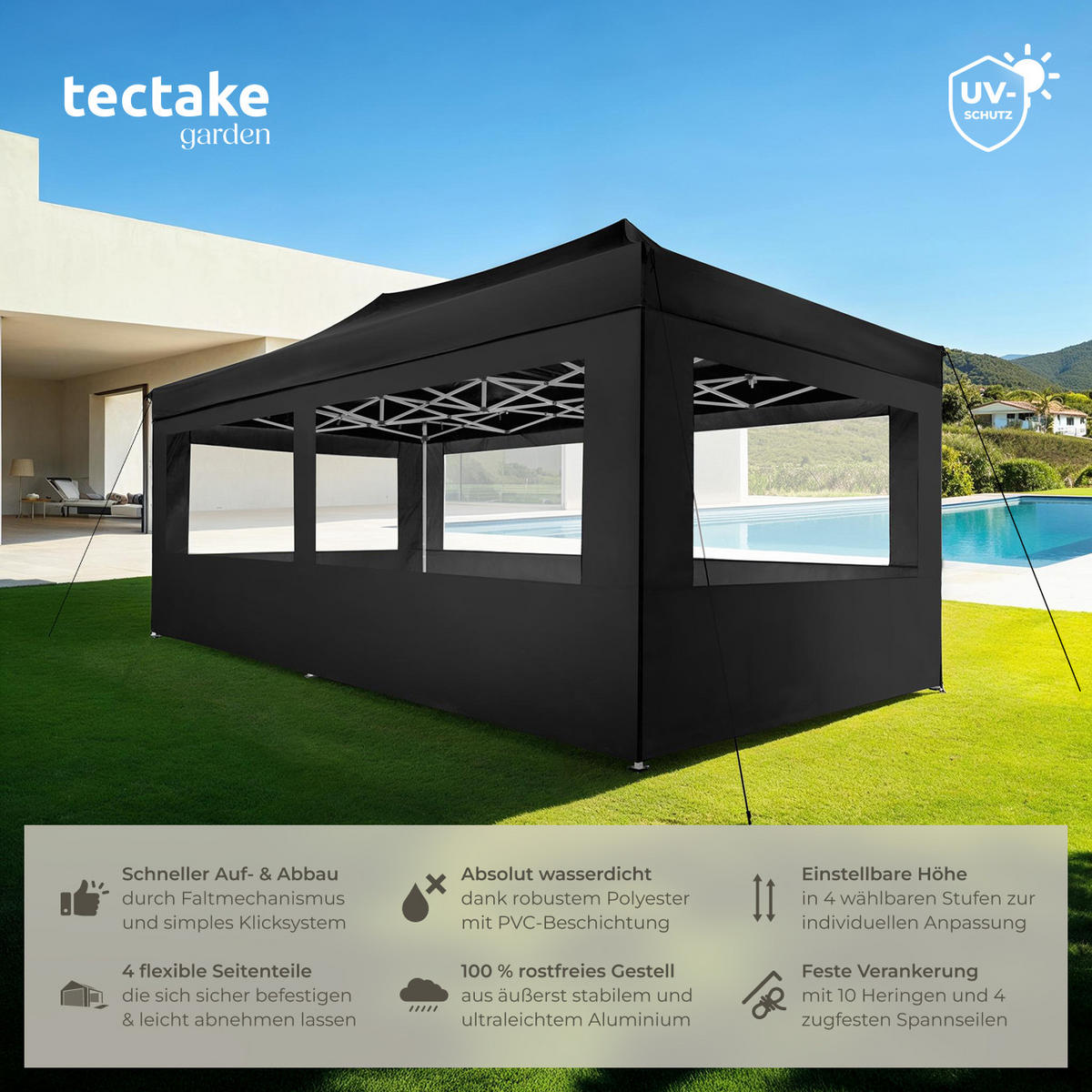 PAVILLON Viola,inklusive Spannseile, Heringe und Tragetasche,schwarz - Schwarz, Kunststoff (300/280/600cm) - tectake