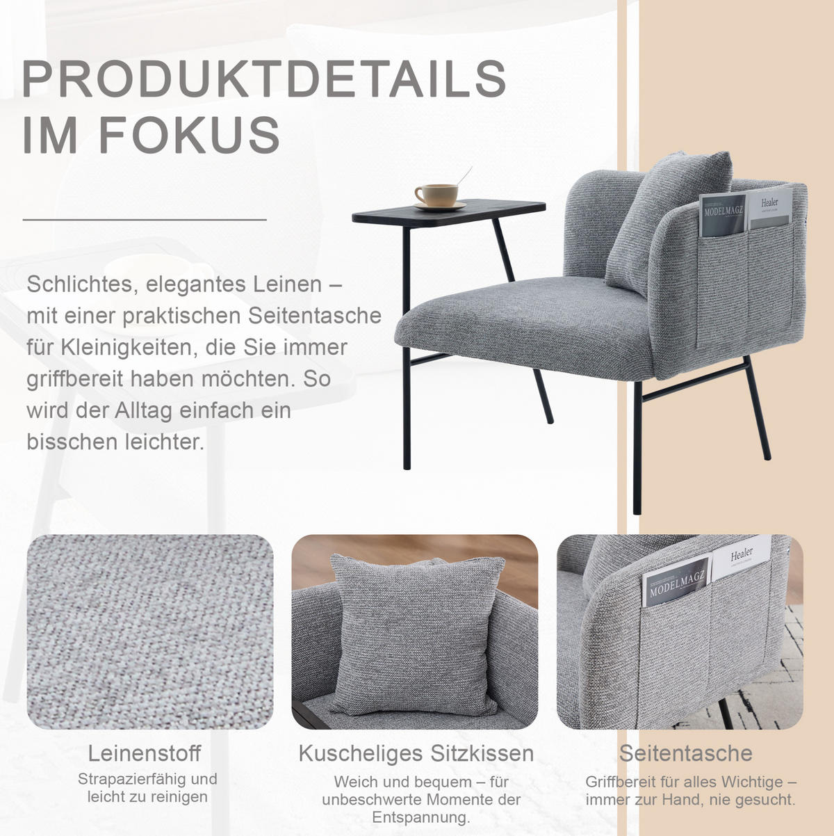 SESSEL 86/72/71 cm grau aus Chenille mit Beistelltisch - Grau, Textil (72/71/86cm) - OKWISH