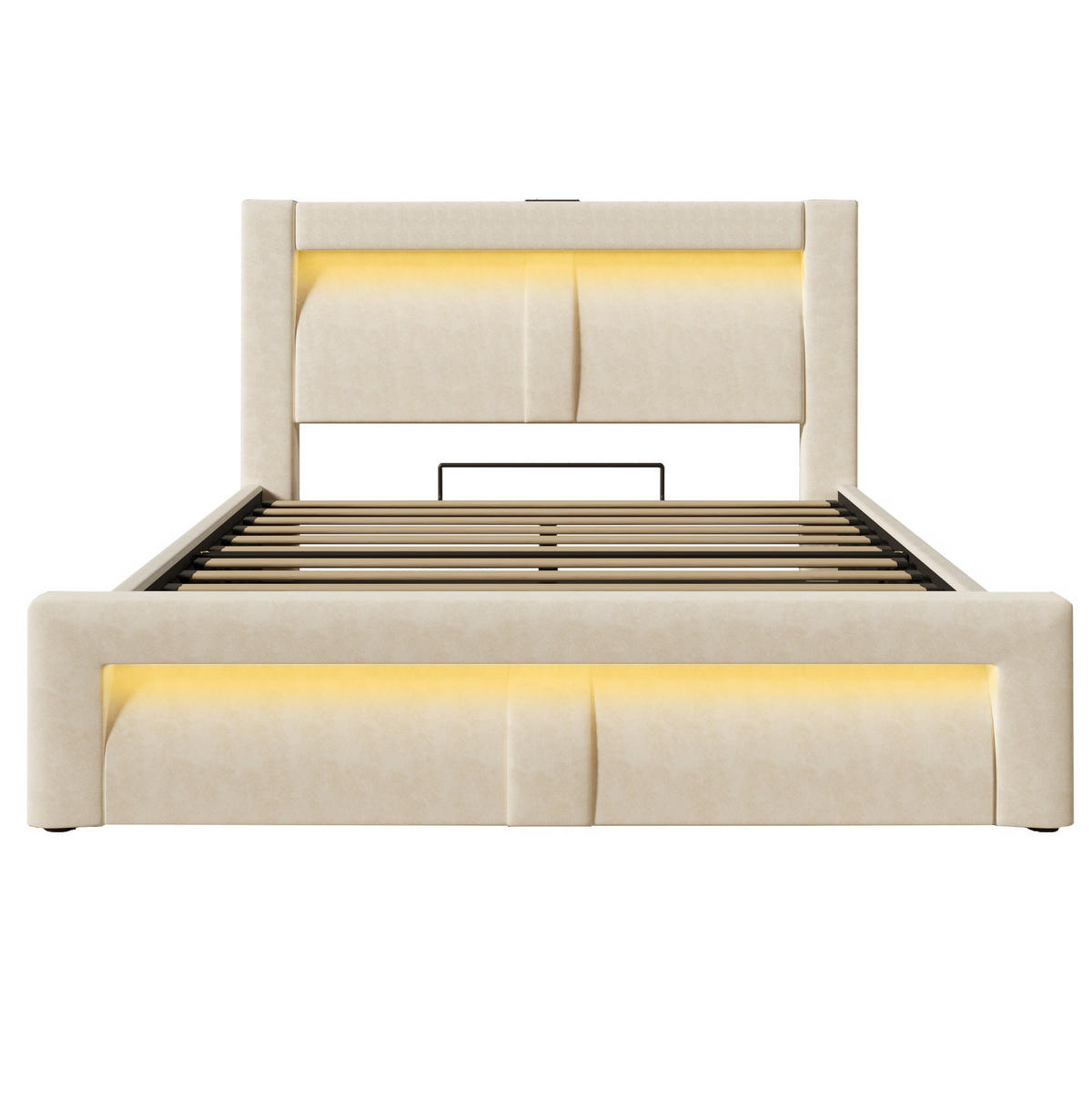 SAMT-POLSTERBETT 160/200 cm mit Bettkasten, LED-Beleuchtung und gepolstertem Kopfteil - Beige, Textil (160/200cm) - BEAOK