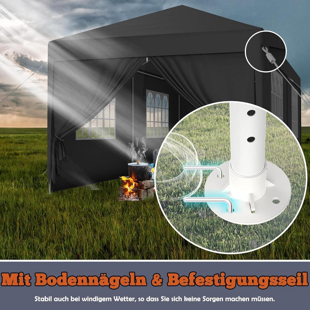 GARTENPAVILLON 3x3m Anthrazit Wasserdicht UV-Schutz mit Seitenteilen und Fenstern - Schwarz, Kunststoff (300/250/300cm)