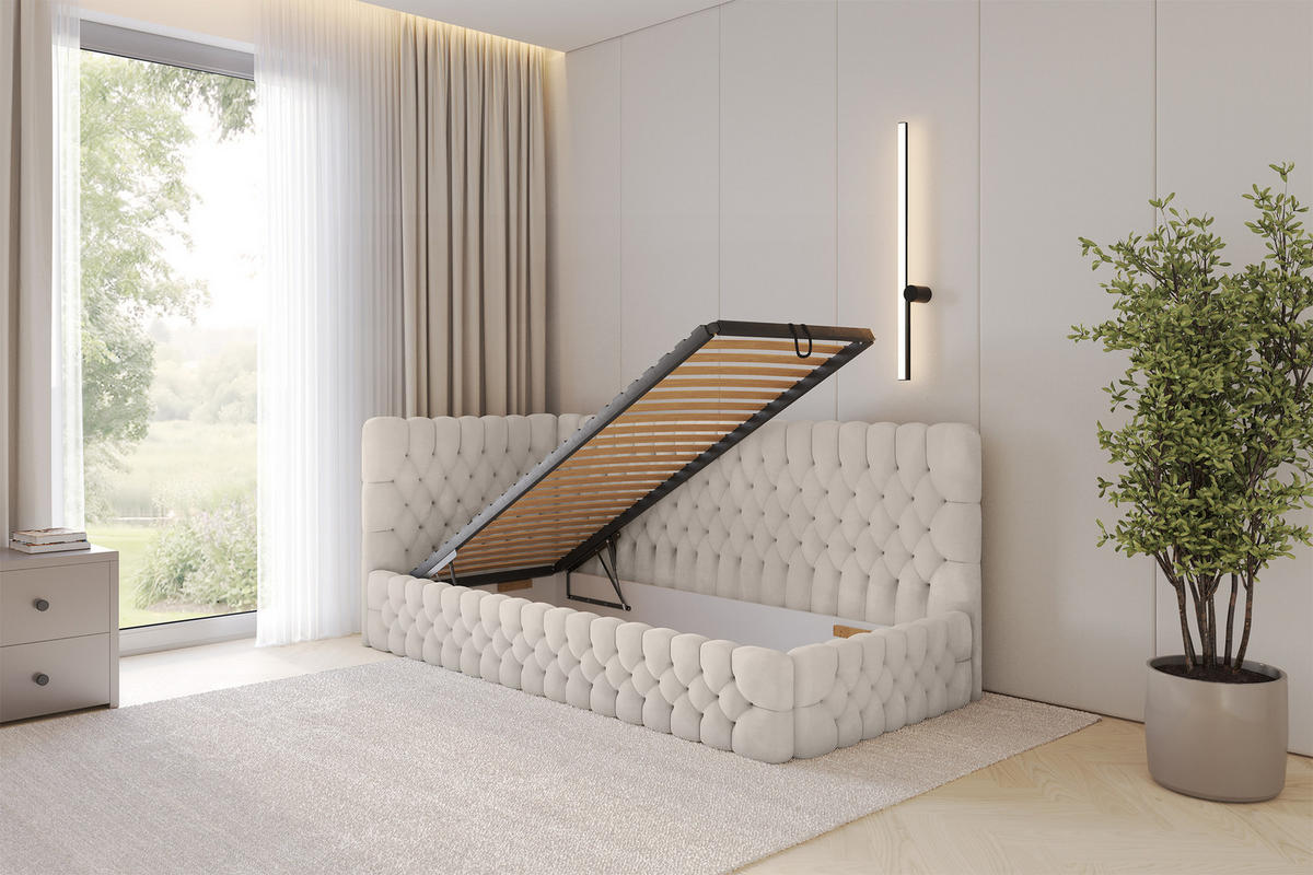 EINZELLBETT Jugendbett mit Bettkasten und Matratze H3/H4, Rechts - MULY 100x200 Beige - Sandfarben, Holzwerkstoff/Textil (100/200cm) - ALTDECOR