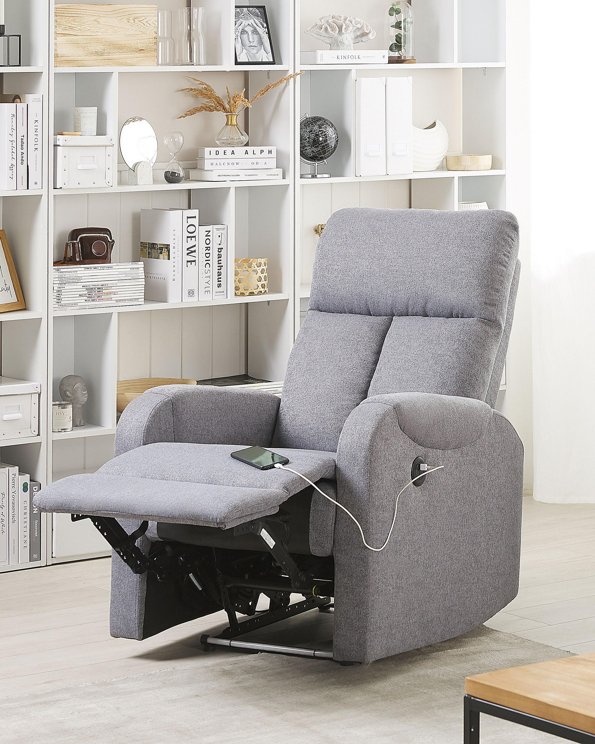 SESSEL Polsterbezug grau LED-Beleuchtung USB-Port verstellbar Somero - Schwarz/Grau, Textil (76/106/96cm) - Beliani