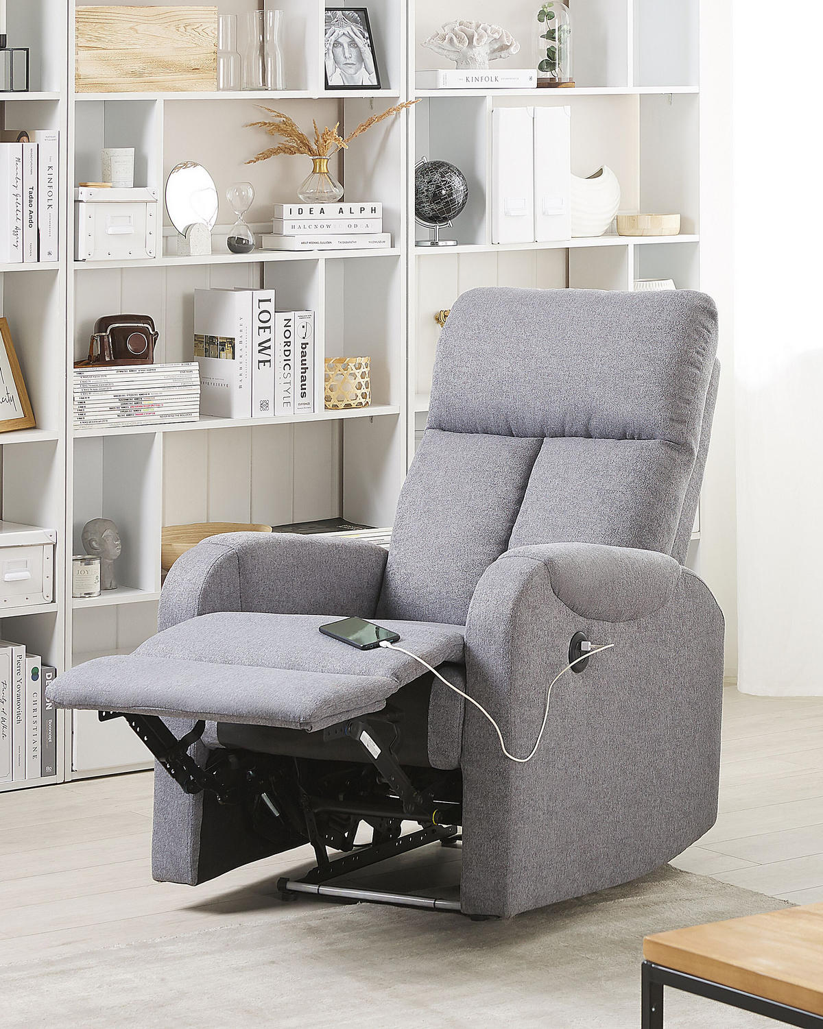 SESSEL Polsterbezug grau LED-Beleuchtung USB-Port verstellbar Somero - Schwarz/Grau, Textil (76/106/96cm) - Beliani