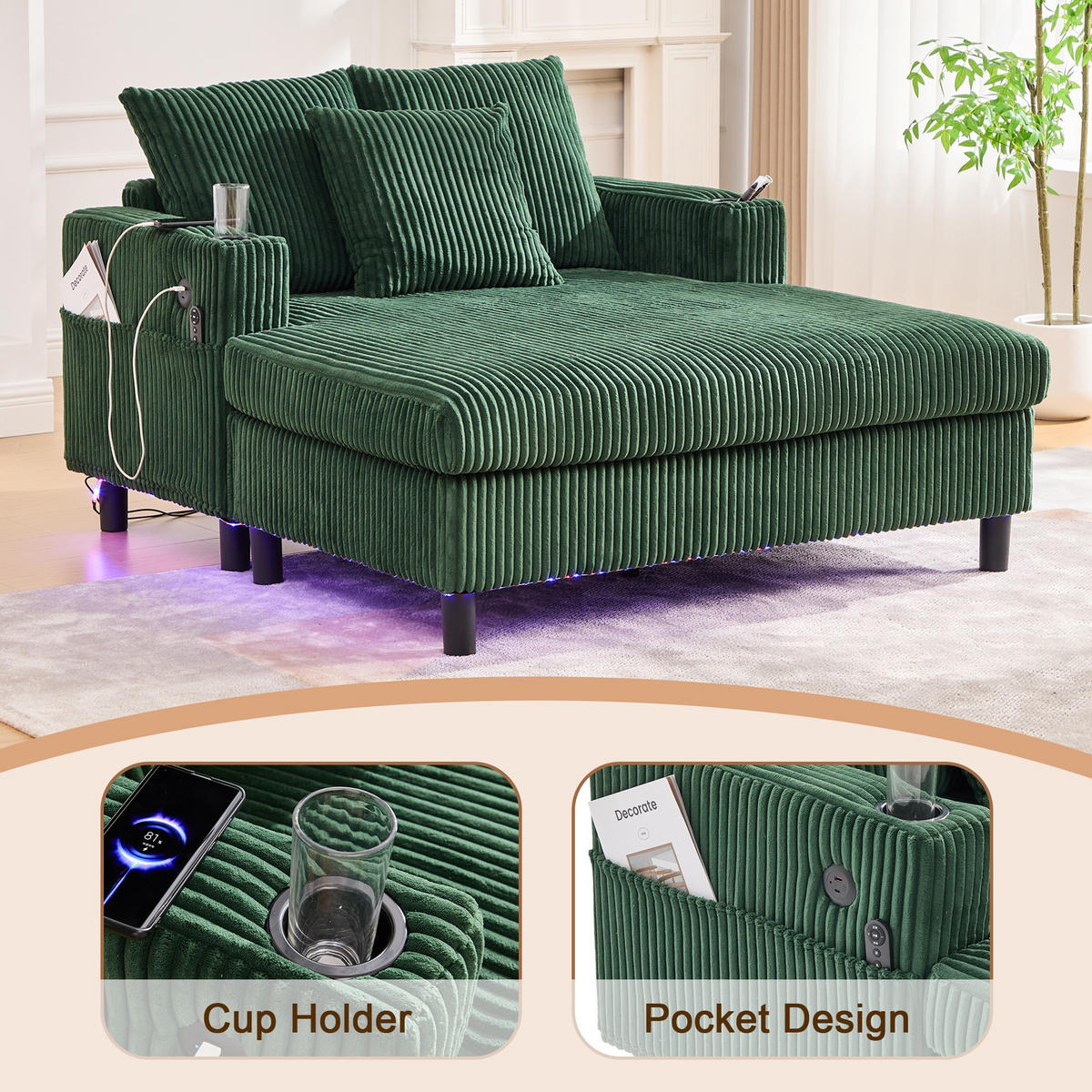 RELAXLIEGE XXL Polsterliege,Relaxsessel,3 Zierkissen,Cord,Grün - Grün, Textil (128/85/142cm) - LVHOM