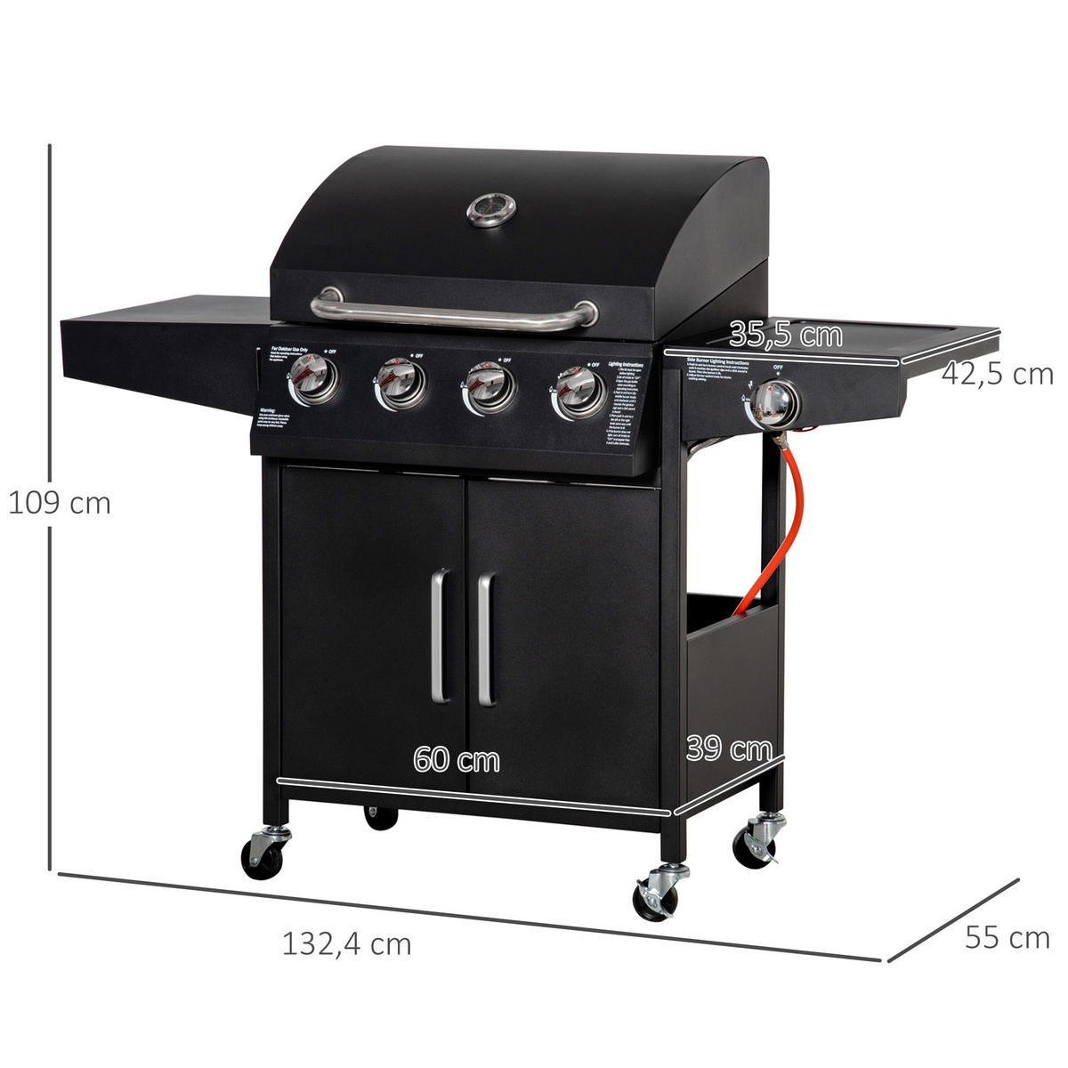 GASGRILL BBQ mit 3 Brennern je 3 kw mobiler Grillwagen mit 4 Rädern Metall Schwarz 132,4cm x 55cm x 109cm - Schwarz, Metall (55/109/132.4cm) - Outsunny