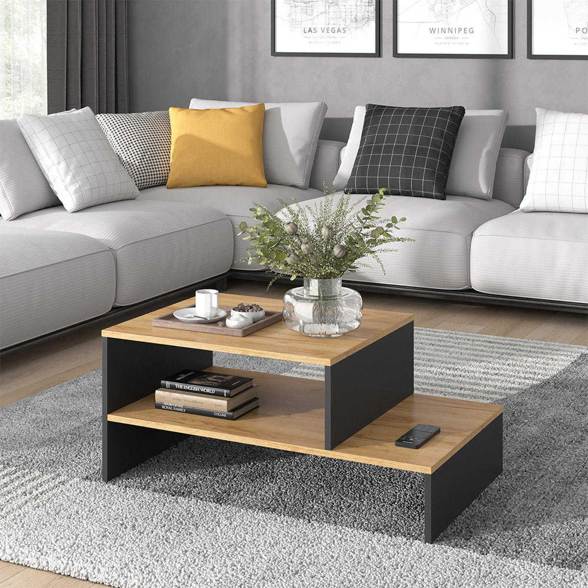 COUCHTISCH Amely Goldkraft Eiche/Anthrazit 90 x 55 cm mit Regal - Honigeiche/Anthrazit, Holzwerkstoff (55/90/40cm) - Vicco