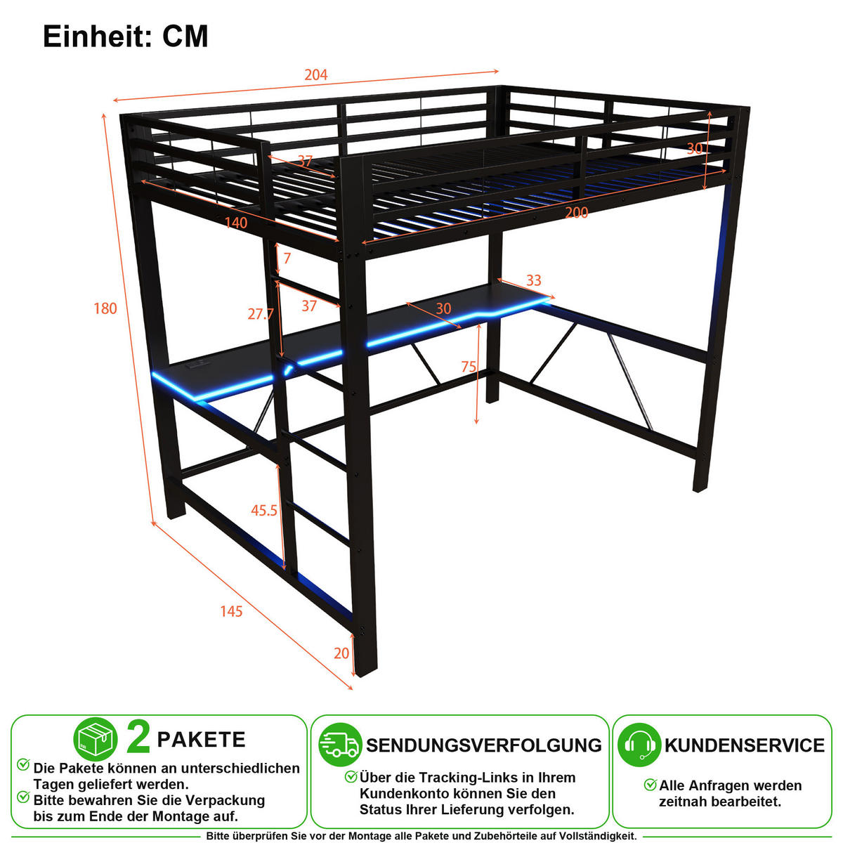 HOCHBETT 140/200 cm in Schwarz mit LED, USB und Schreibtisch - Schwarz, Metall (140/200cm) - CHICFURN