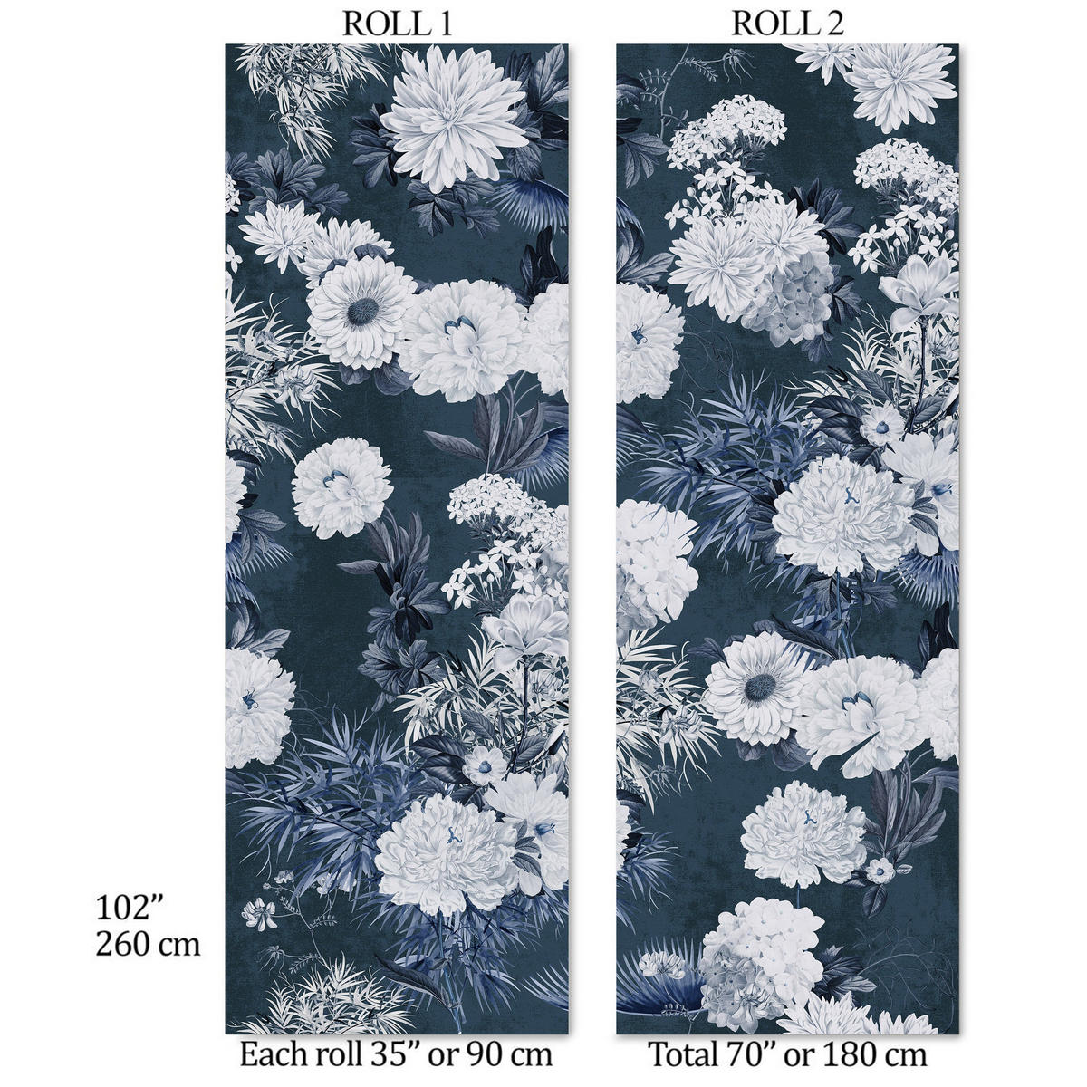 TAPETE Mit Blumen in Marineblau aus echtem Papier, 180x260cm, 2 Rollen - Blau, Papier (180/260cm) - WALLPAPERS4BEGINNERS