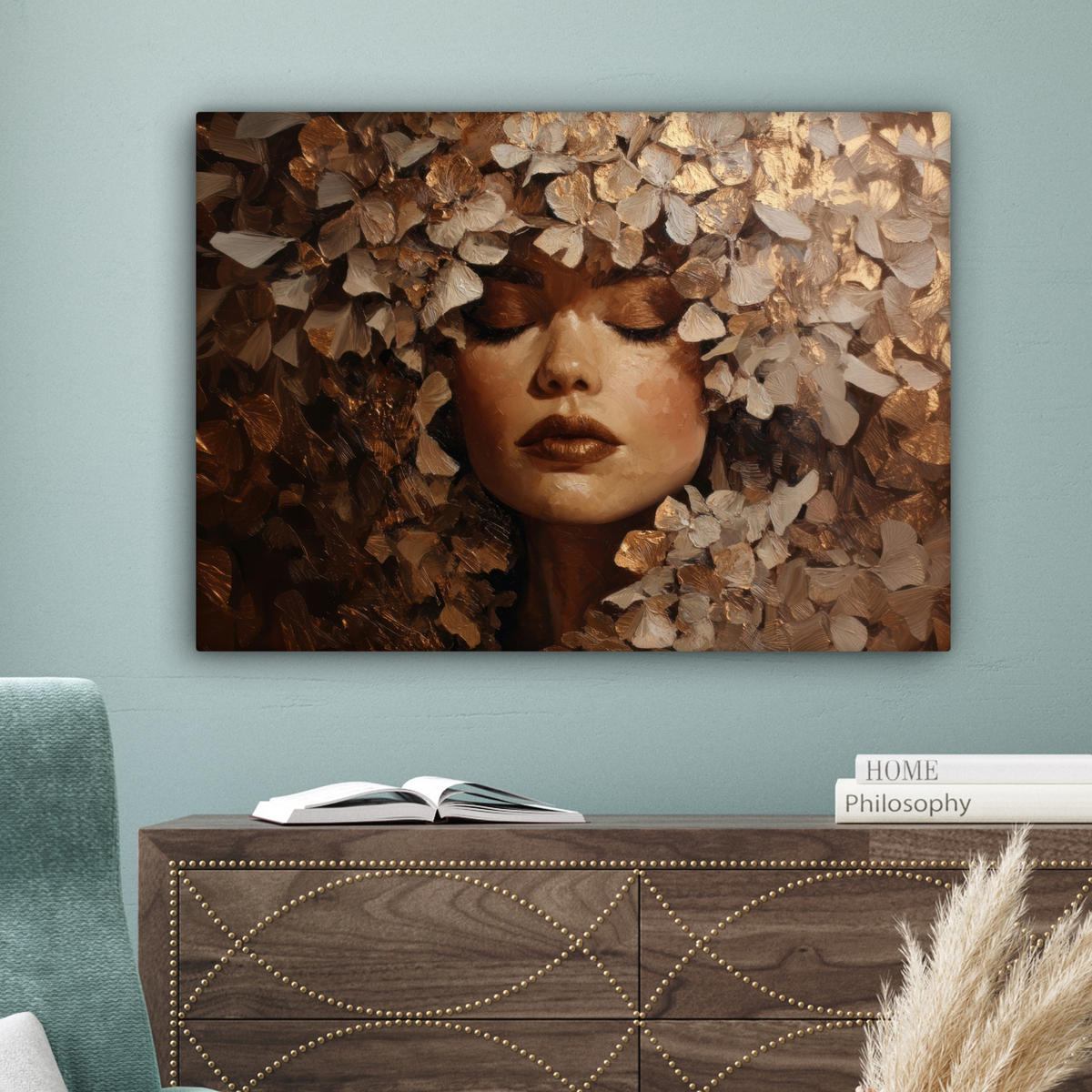 LEINWANDBILD Gesicht - Dame - Blätter - Pinselstriche Wandbilder 80x60 cm - Goldfarben, Textil (80/60cm) - MuchoWow