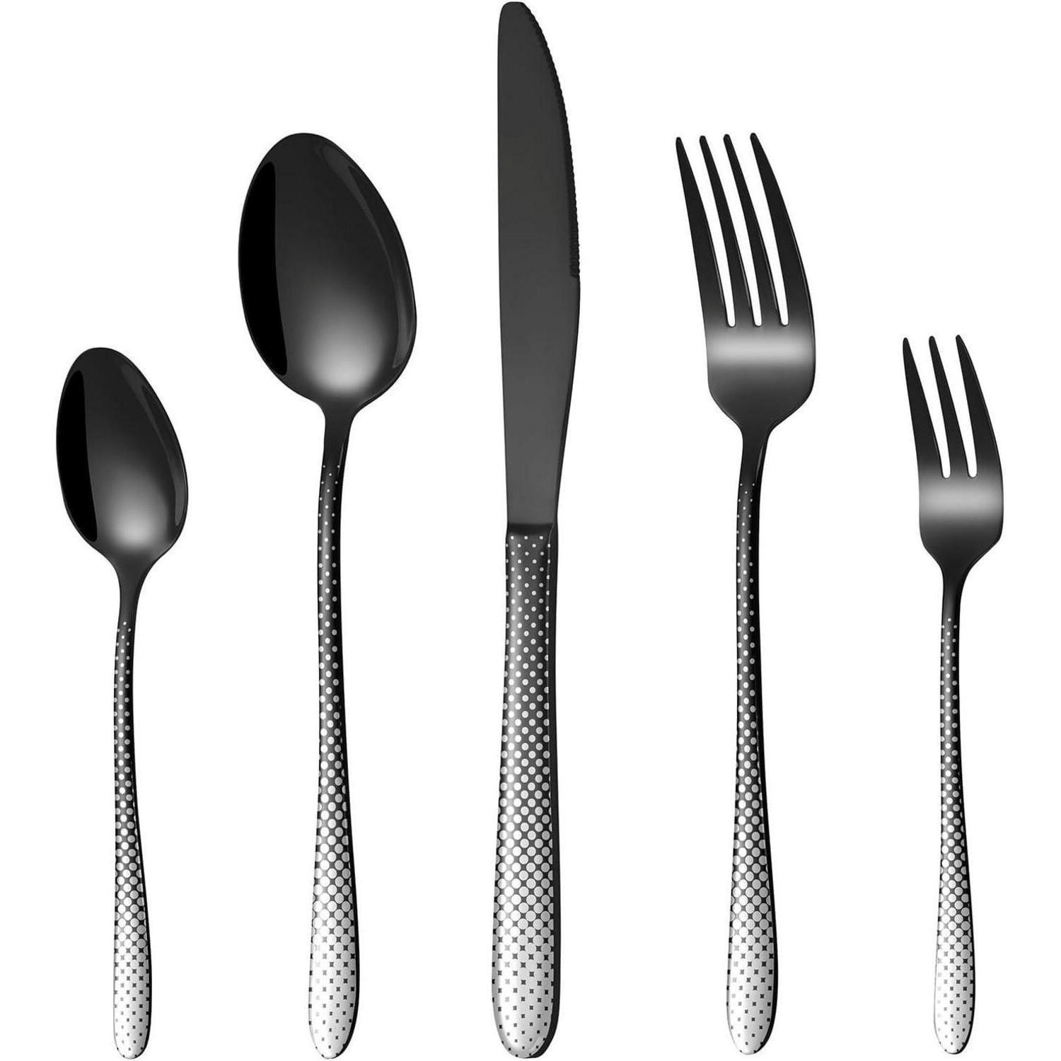 BESTECKSET 30-teilig 6 Personen Schwarz Laserpunktmuster Edelstahl Spülmaschinenfest - Schwarz, Metall