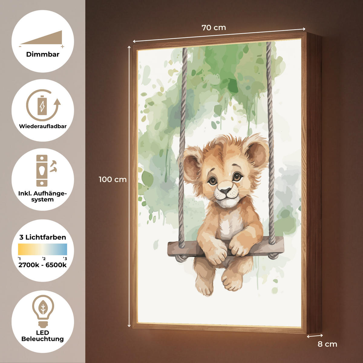 WANDLEUCHTE MIT AKKU Löwe - Tier - Kinder - Dschungel 70x100 cm - Weiß, Holzwerkstoff (70/100/8cm) - OnlyWow
