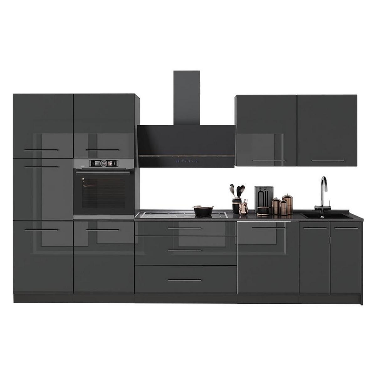 KÜCHENZEILE Fame-Line, Anthrazit Hochglanz/Anthrazit, 340 cm, AP Marmor - Schwarz Hochglanz/Anthrazit, Holzwerkstoff (340/206.8/60cm) - Vicco