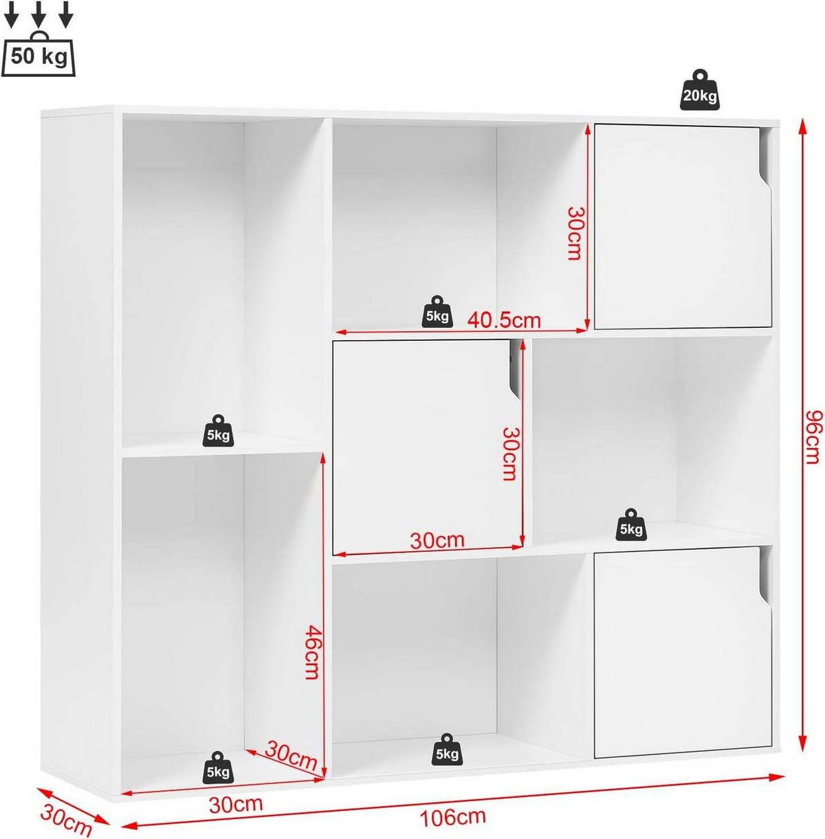REGALE Bücherregal mit 8 Fächern,106x96x30 cm, Weiß - Weiß, Holzwerkstoff (106/96/30cm) - Woltu