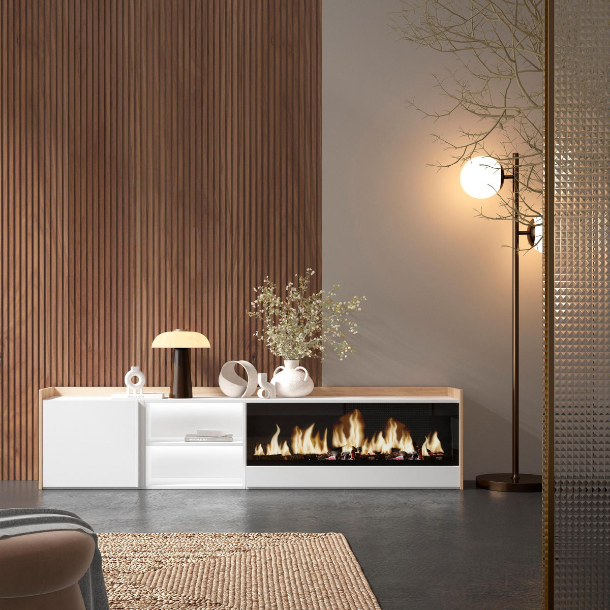 LOWBOARD, Weiß und Eiche, 212/35/50cm, Kamin mit Feuereffekt XXL - Weiß, Holzwerkstoff (212/50/35cm) - Skraut Home