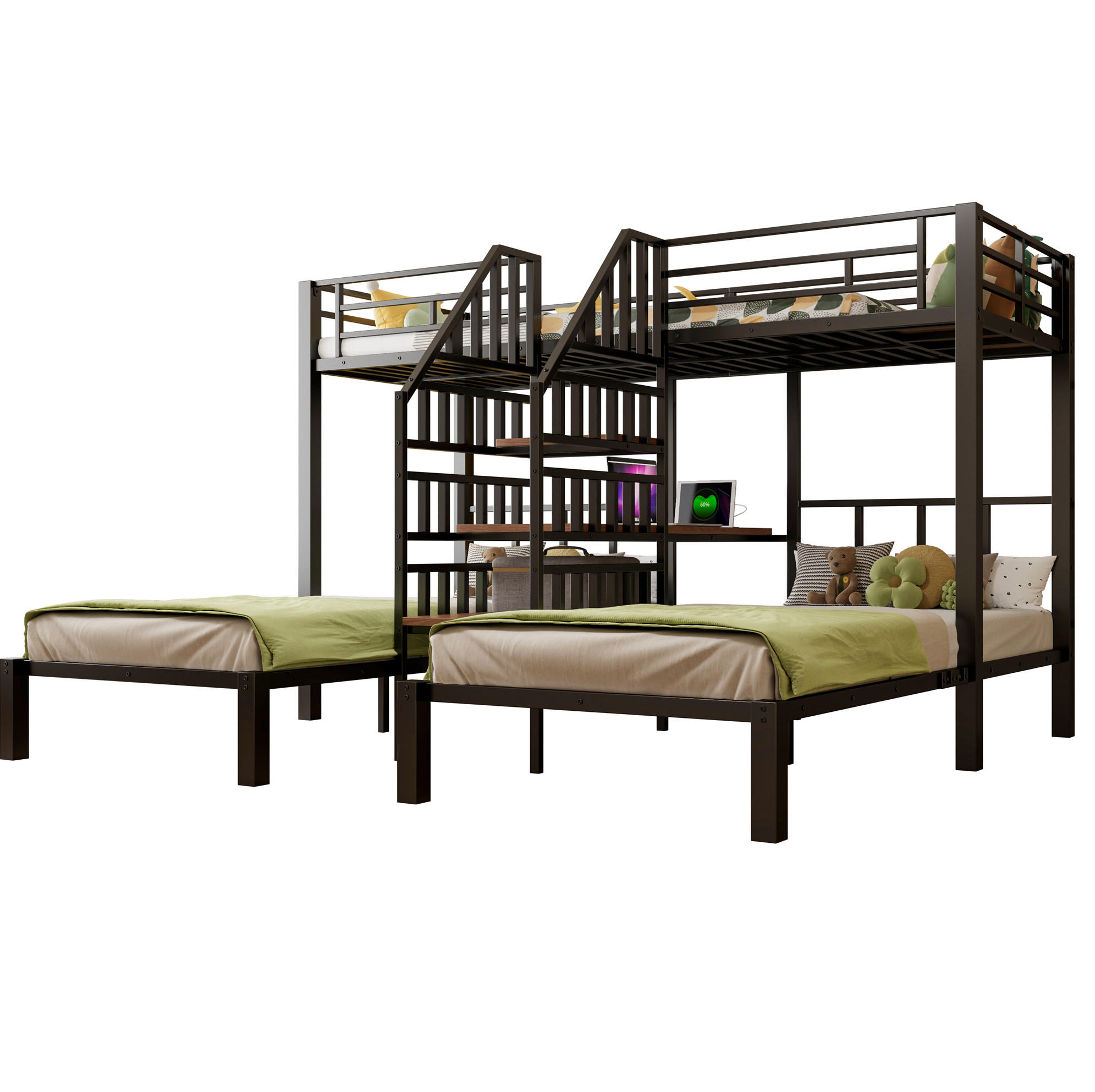 ETAGENBETT aus Metall und MDF 90x200 cm Schwarz mit LED, Schreibtisch, Stauraumtreppe, Regal, USB und Steckdose - Schwarz, Metall (90/200cm) - Modfu
