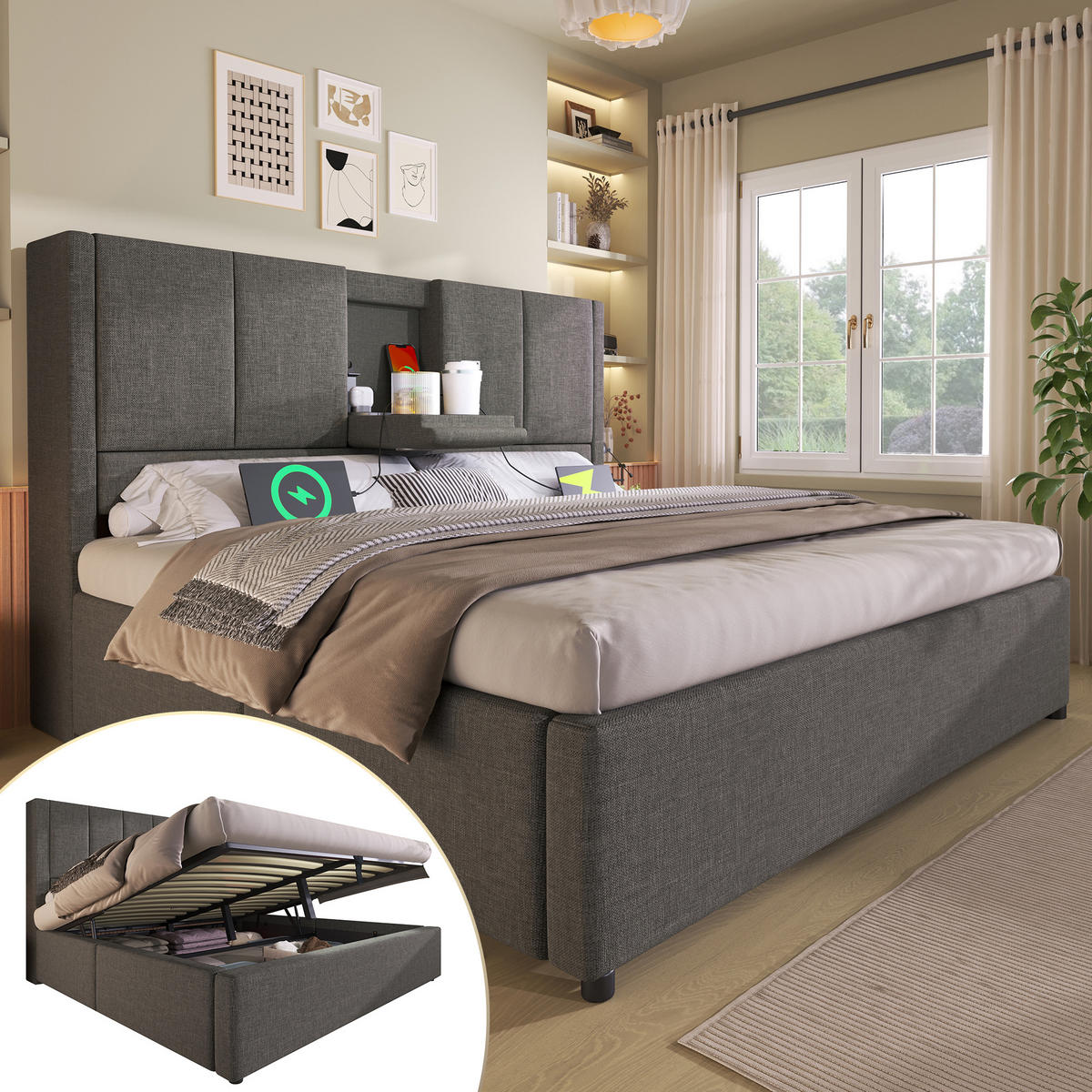 STAURAUMBETT 140/200 cm DE-00536, in Beige, verstecktem Becherhalter und hydraulischem Stauraum - Grau, Metall (140/200cm) - ComfortXL