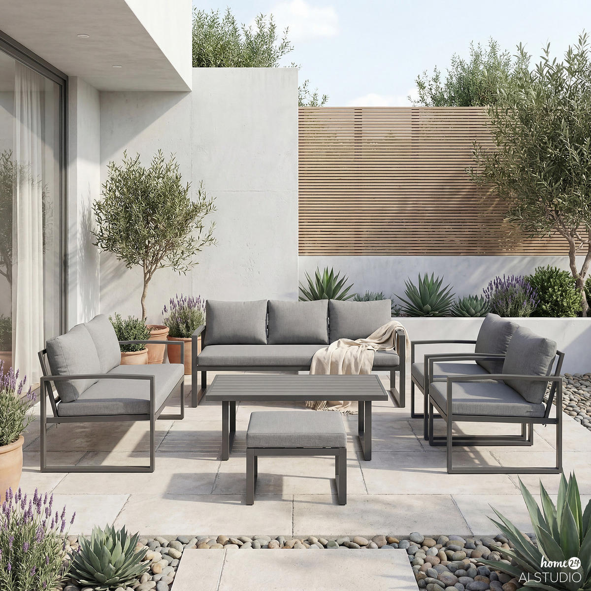 LOUNGESET - 3-teilig - Eisen / Webstoff - Grau / Anthrazit - Schwarz/Grau, Kunststoff/Textil - home24