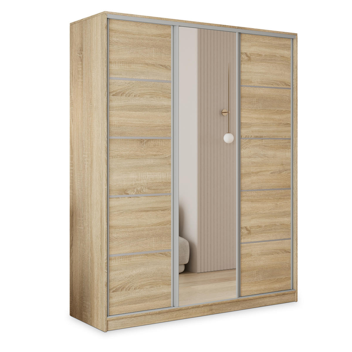 SCHWEBETÜRENSCHRANK PINA 150/205/58 cm 3-türig mit Spiegel und Schubladen Sonoma Eiche - Silberfarben/Sonoma Eiche, Holzwerkstoff (150/205/58cm) - MASSENO