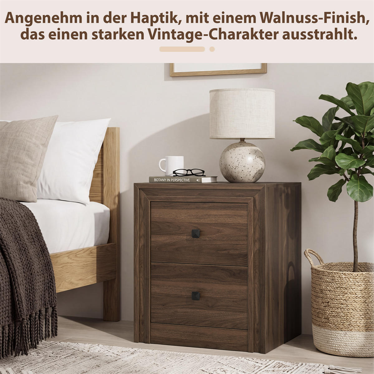 NACHTTISCH 46x39x53,5 cm mit 2 Schubladen und 2 schwarze Griffe - Mid-Century Design - Walnuss-Optik - Walnussfarben, Holzwerkstoff (38/53.5/48cm) - DELFA