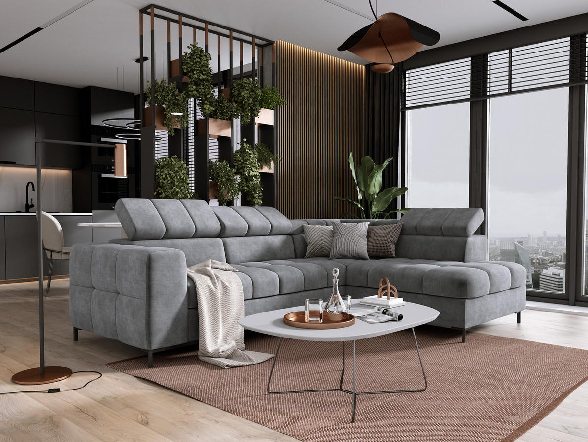 ECKSOFA PABLOS Cloud, L-förmig, Moderne, mit verstellbarem Kopfteil, Schlaf- & Lagermöglichkeiten, freistehend, RECHTS 279x201x97 cm Grey - Silberfarben, Holz/Textil (279/201cm) - DomoHome