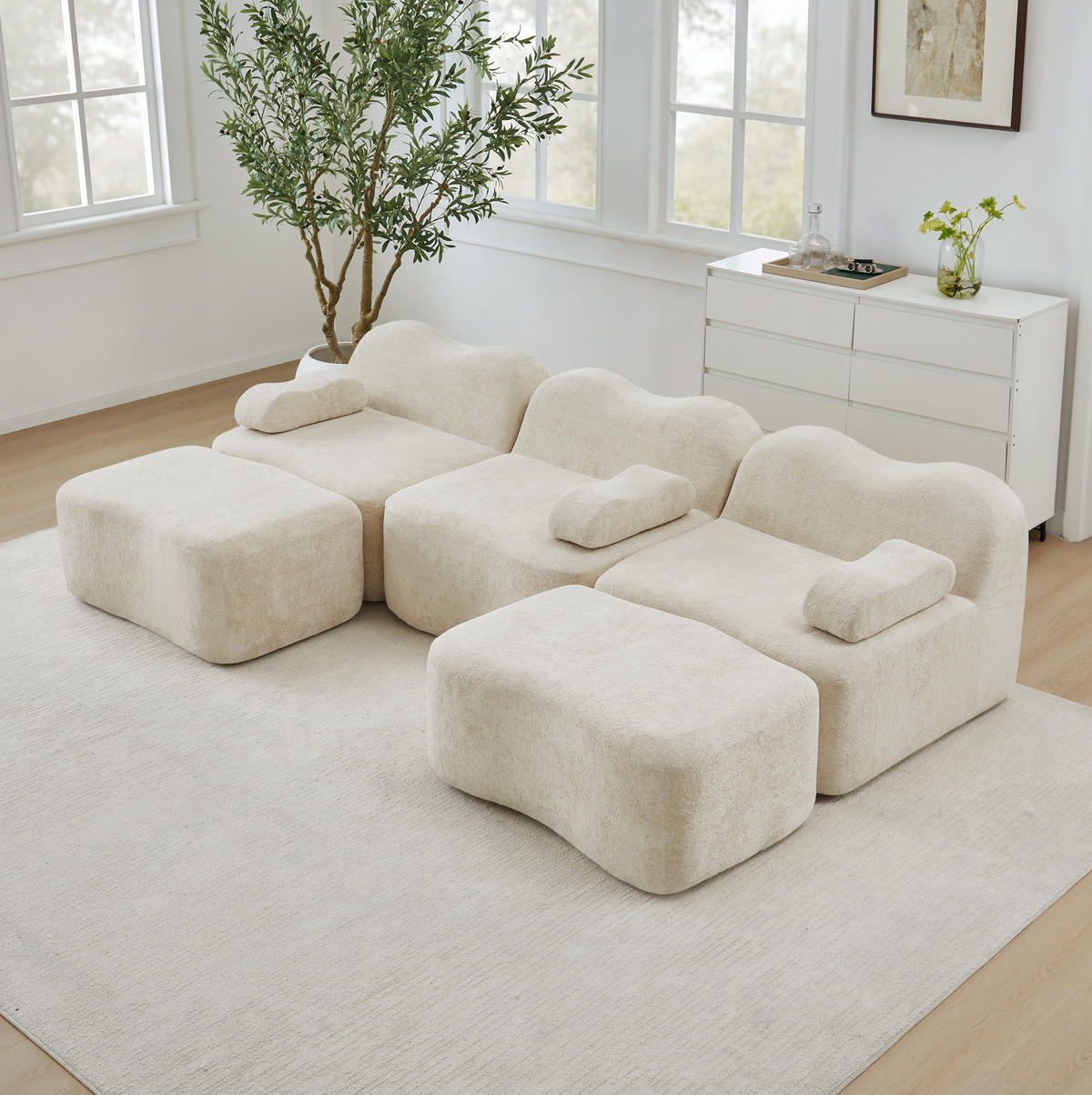 MODULARES Ecksofa mit tiefer Sitzfläche, Wellenform und flexiblem Aufbau, Beige - Beige, Textil (288/167cm) - Redom