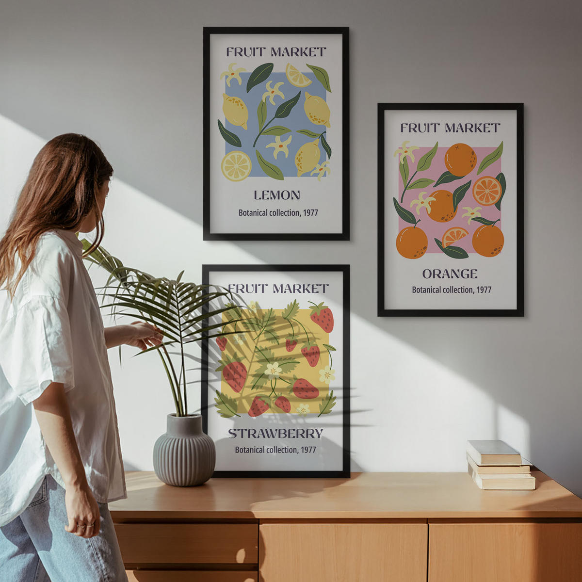 BILDER SET 3er Set - 40x60 cm Schwarzer Rahmen - Fruchtposter Zitronen Erdbeeren - Schwarz, Kunststoff (40/60cm) - TULUP