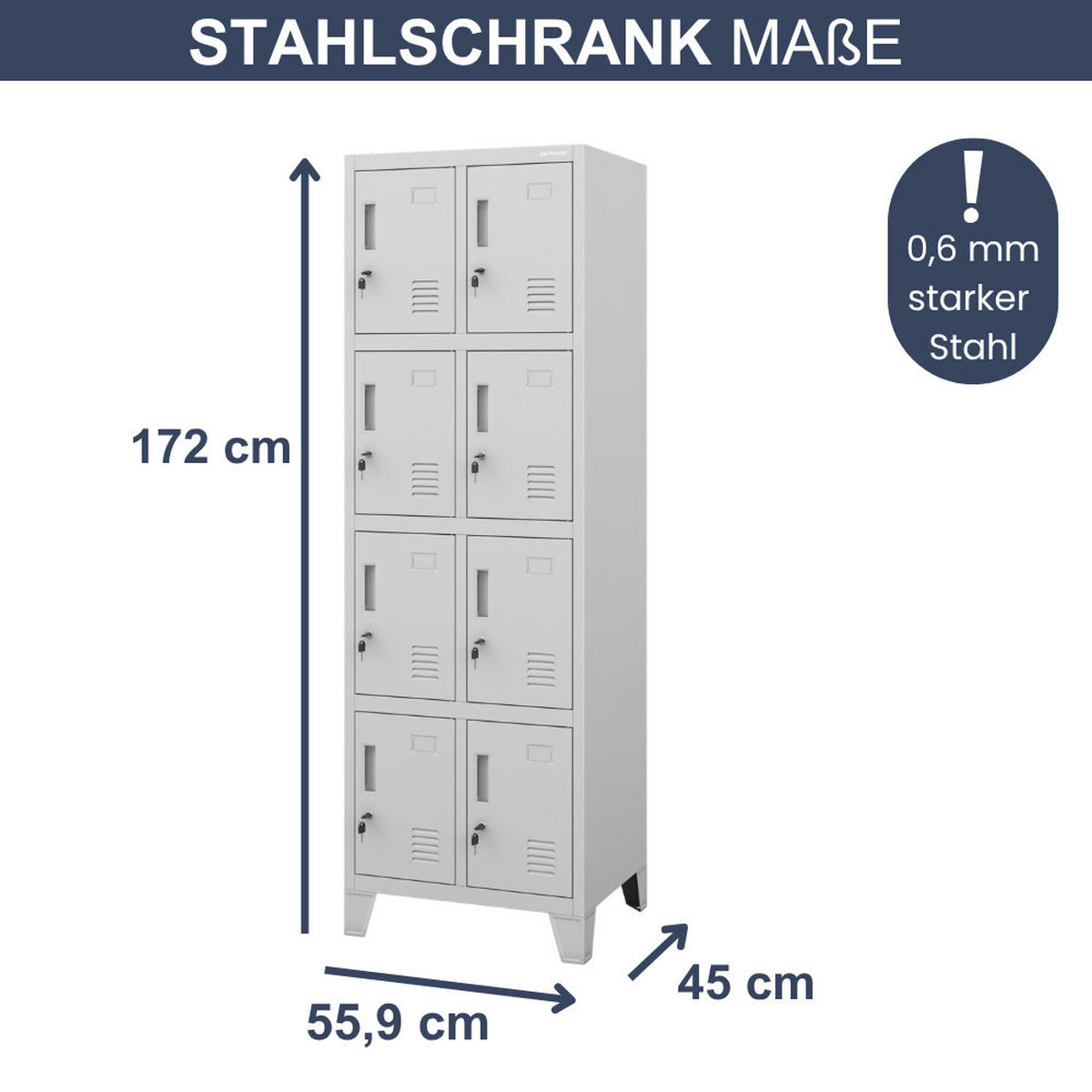 SCHLIESSFACHSCHRANK Spind TAMPA 8 Fächer 172x55,9x45cm Grau - Grau, Metall (55.9/172/45cm) - DELUKE
