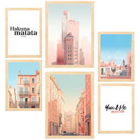 POSTER Set Mit 6 Rosa Building Architektur Landet A3 & A4 Rahmen Aus Hellem Holz - Beige, Papier (29/3cm) - Nacnic
