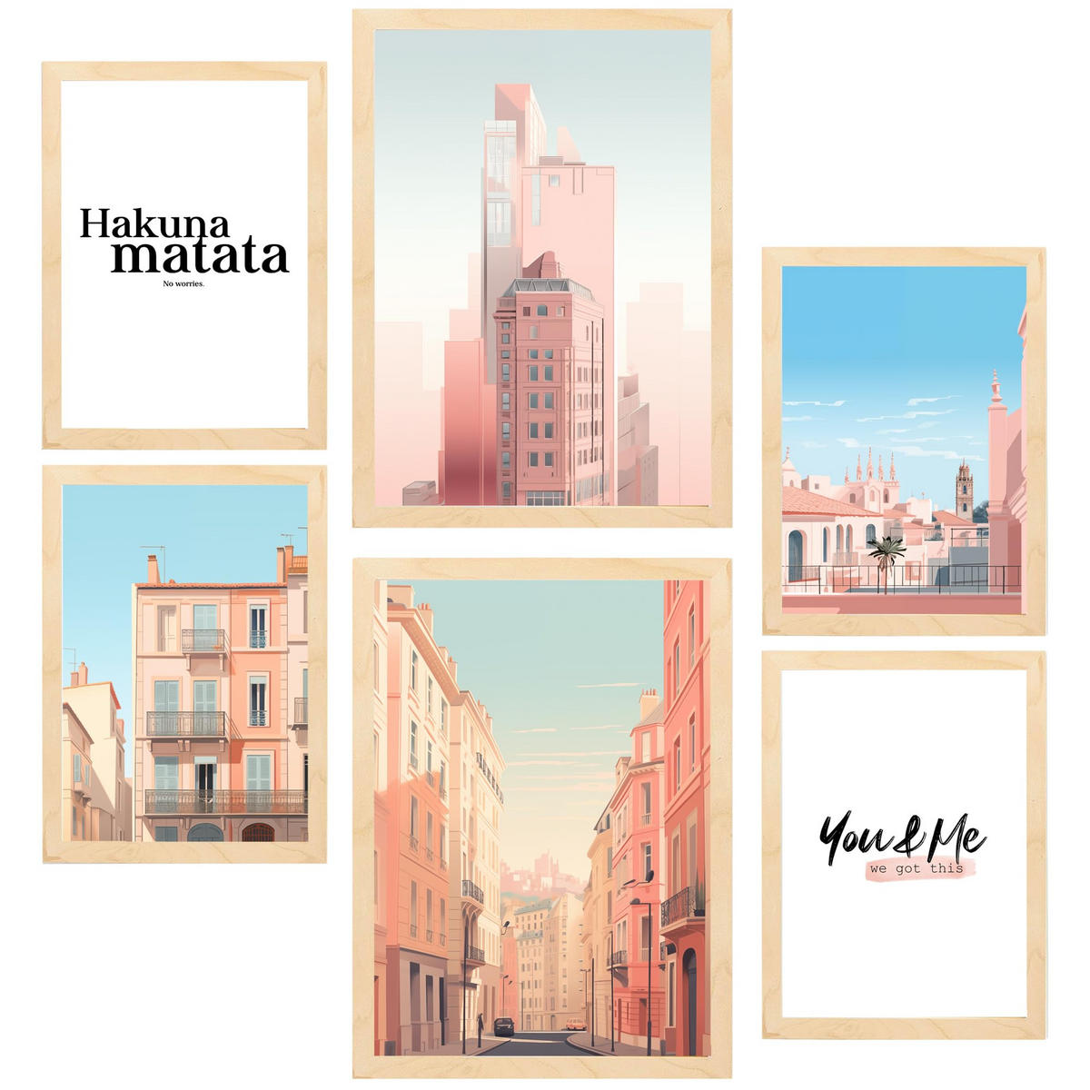 POSTER Set Mit 6 Rosa Building Architektur Landet A3 & A4 Rahmen Aus Hellem Holz - Beige, Papier (29/3cm) - Nacnic