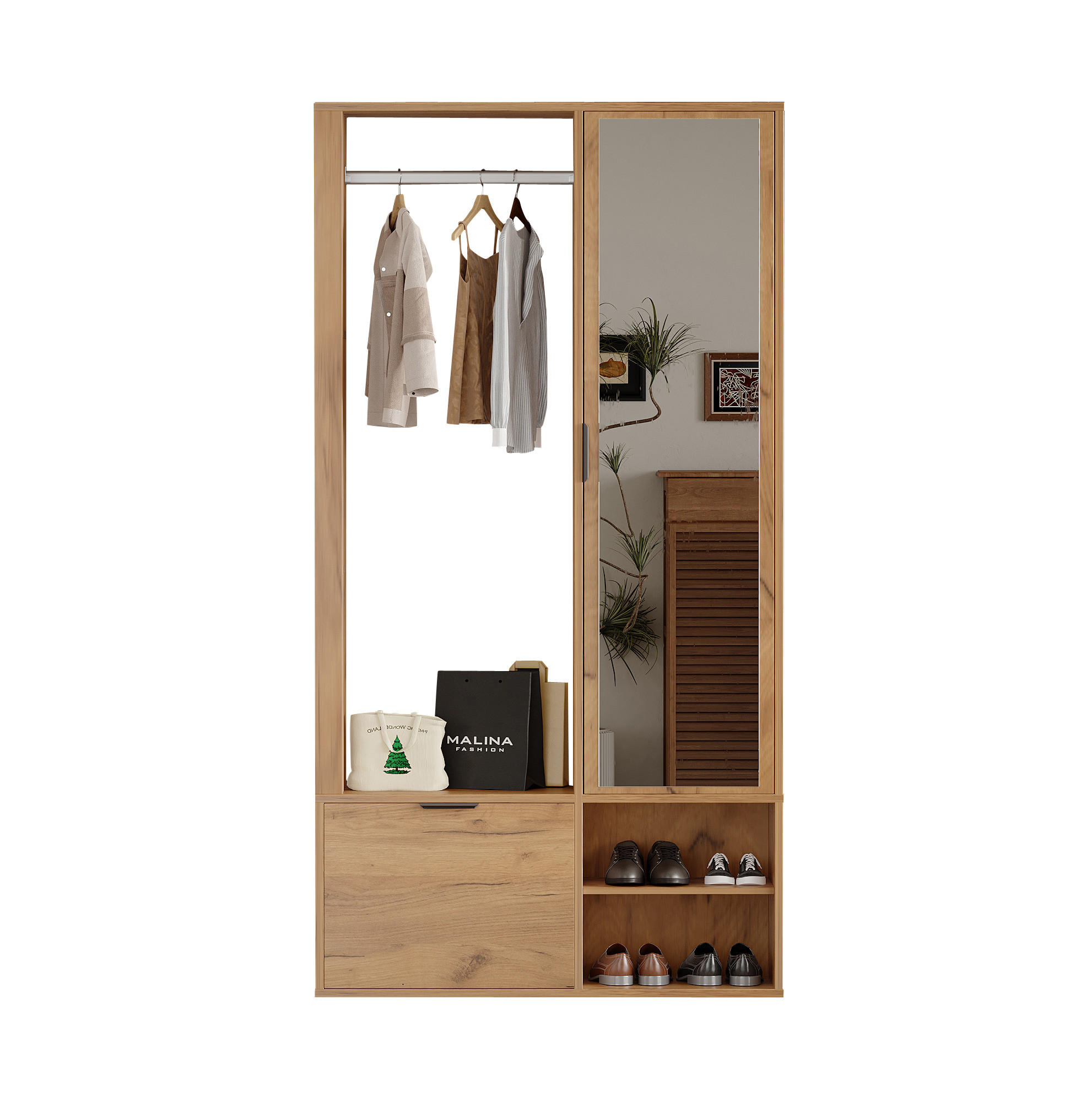 STANDGARDEROBE 100/33/190 cm mit Spiegel und Kleiderstange in Natur - Naturfarben, Holzwerkstoff (33/190/100cm) - BEAOK