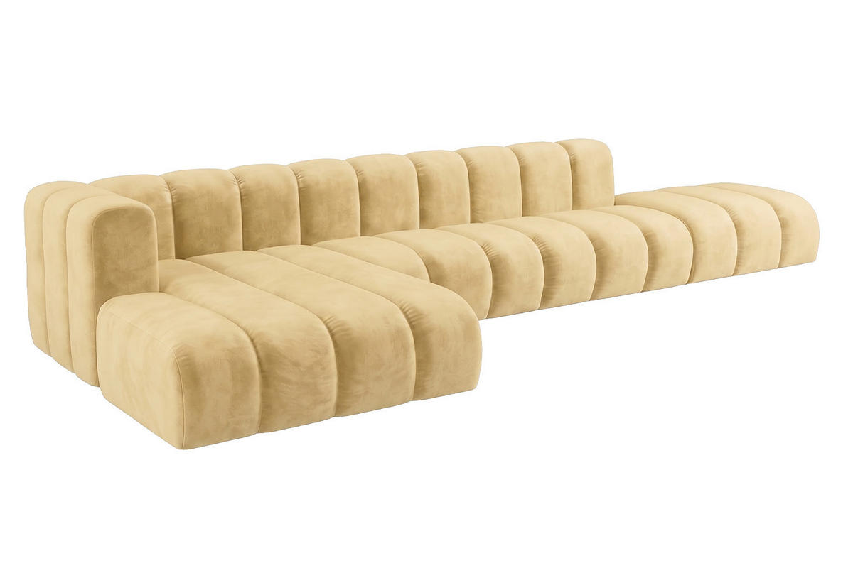 ECKSOFA Modulares In L-Form Mit Hocker, Velvet-Stoff Riviera, Buttergelb, Links, GRAND - Hellgelb, Holz (386/179cm) - Kaiser Möbel
