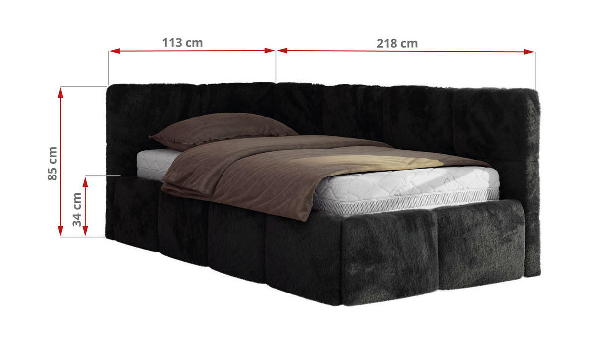 JUGENDBETT ARVO 90/200 - Schwarz Plüsch - Pocket-Matratze - Links Seite - Schwarz, Textil (90/200cm) - MKS