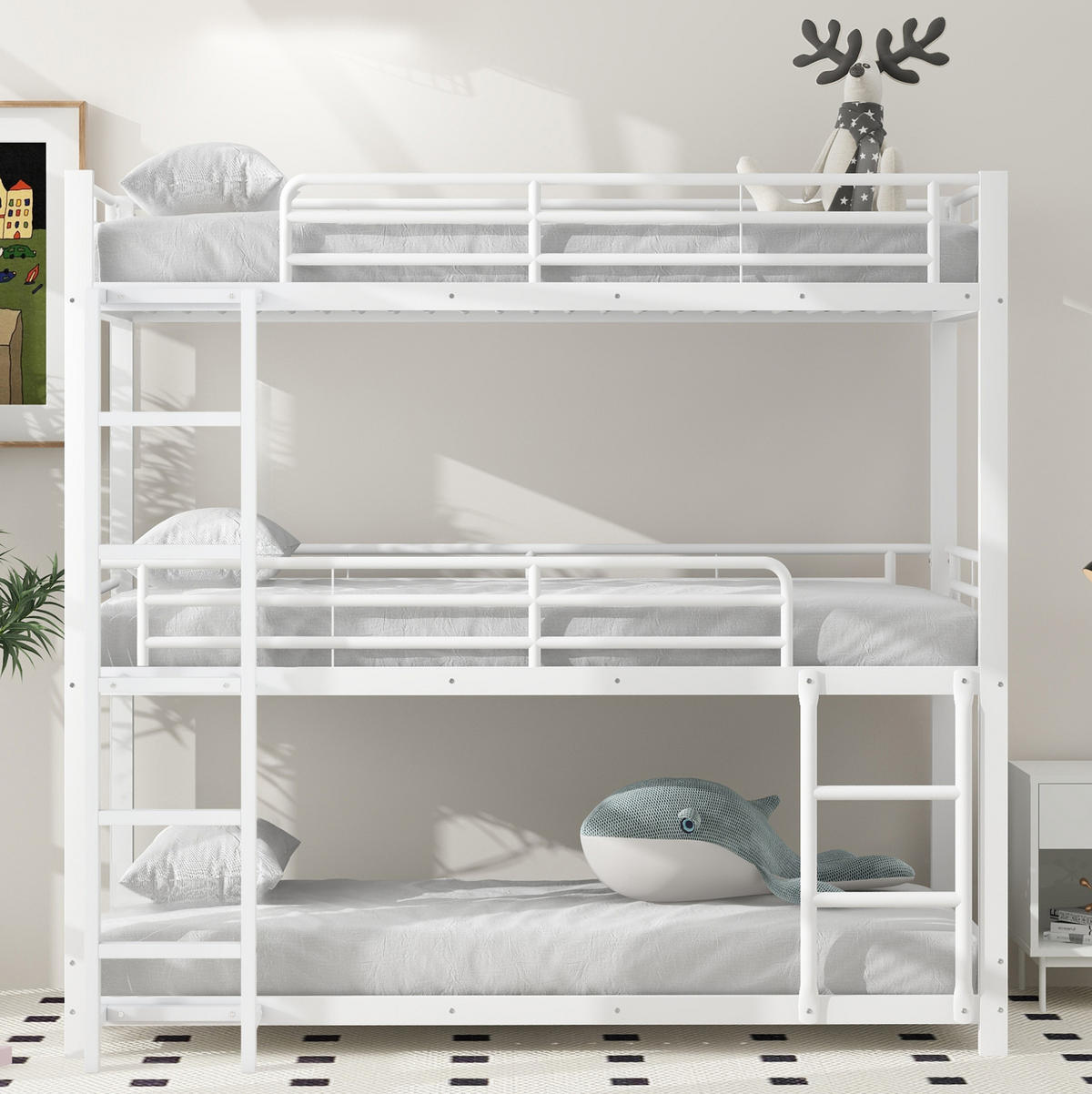 ETAGENBETT 90/200 cm weiß aus Metall Dreifachbett - Weiß, Metall (90/200cm) - OKWISH