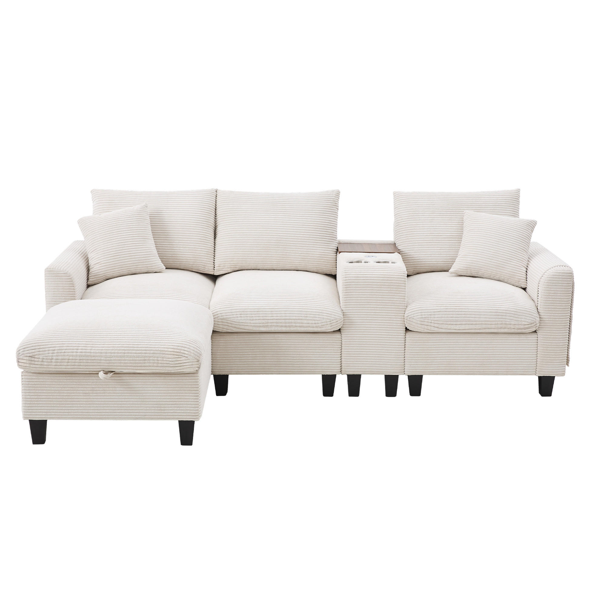 WOHNLANDSCHAFT aus Cordstoff 229x149,5x83 cm Beige mit USB-Anschlüssen, Becherhaltern, Konsole und Stauraumhocker - Beige, Textil (149.5/229cm) - Modfu